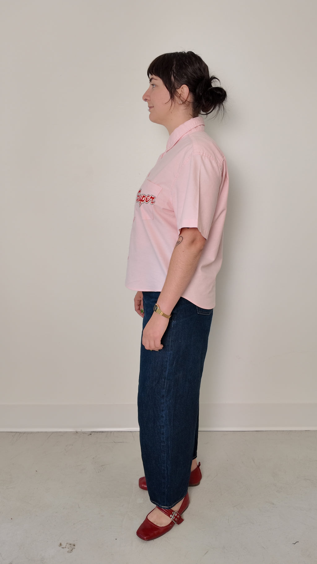 Cropped Button Down —  Pink with Super Elephant