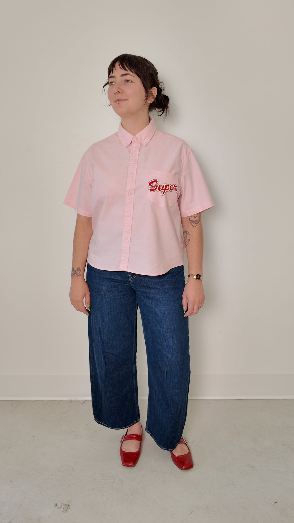 Cropped Button Down —  Pink with Super Elephant