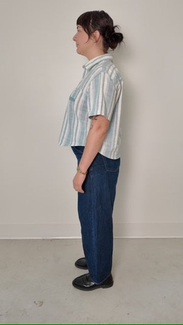 Cropped Button Down —  Blue and White Stripe with Super Elephant