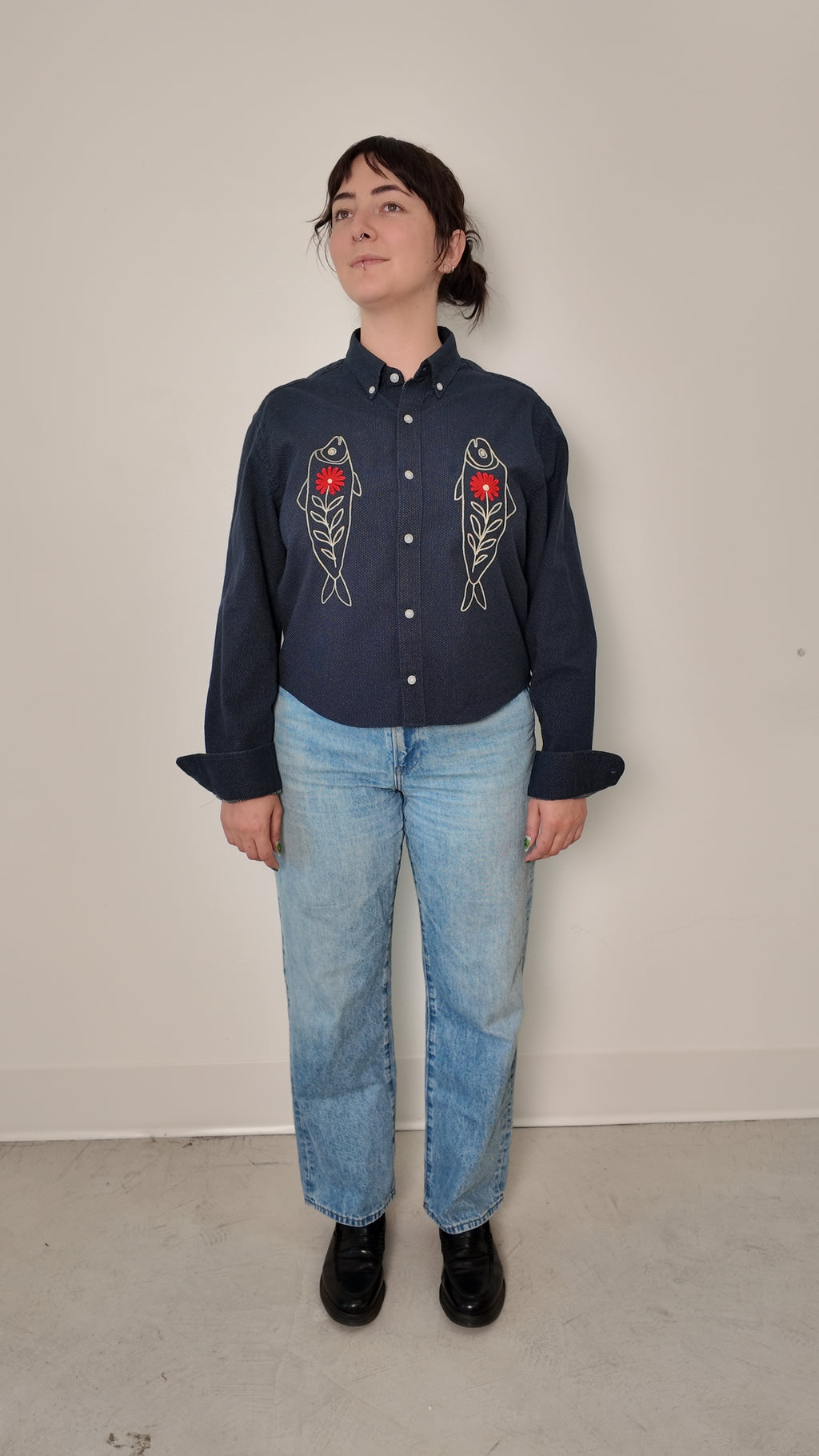 Cropped Button Down — Navy with White Polka Dot with Ivory and Red Fish