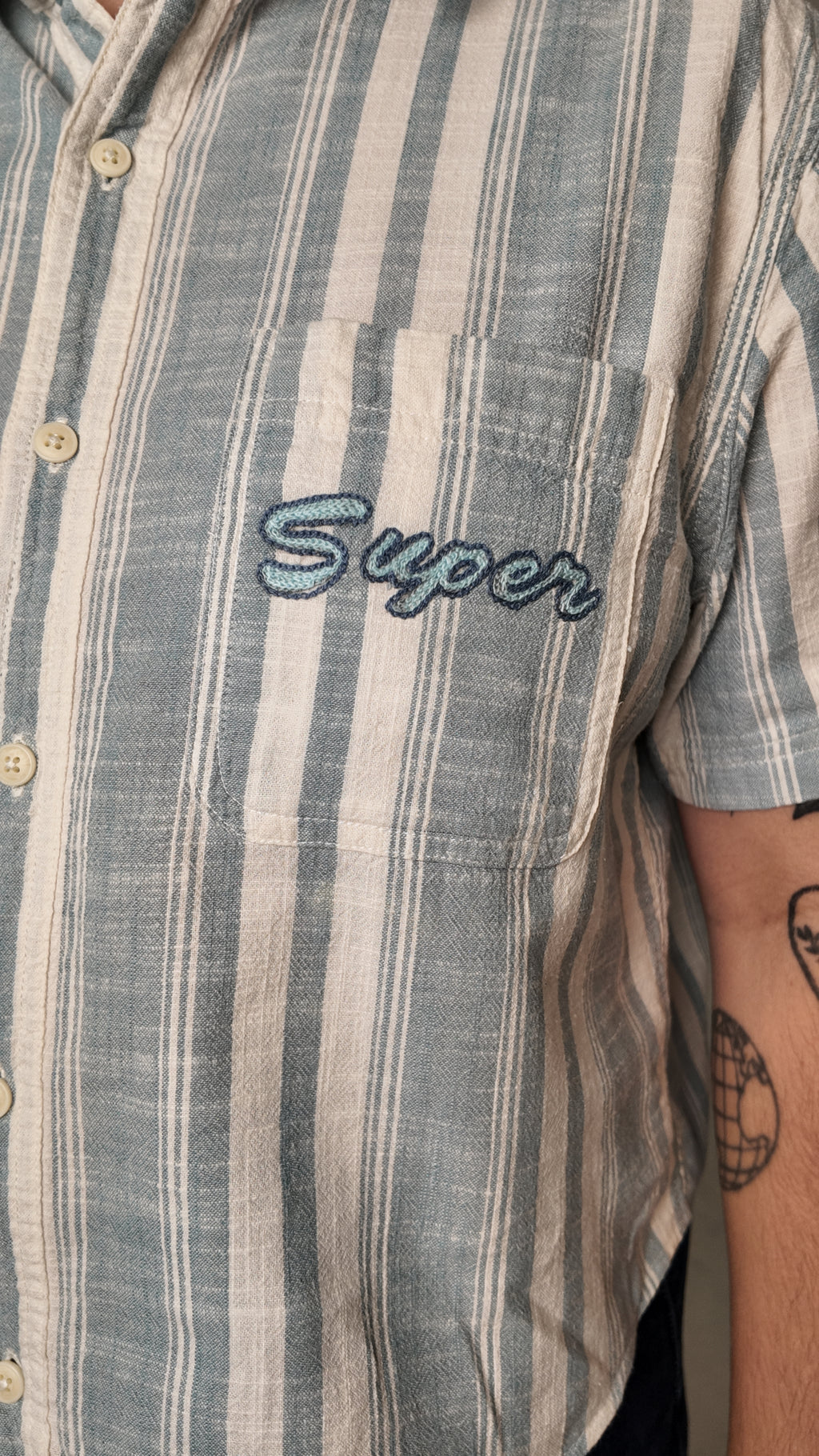 Cropped Button Down —  Blue and White Stripe with Super Elephant