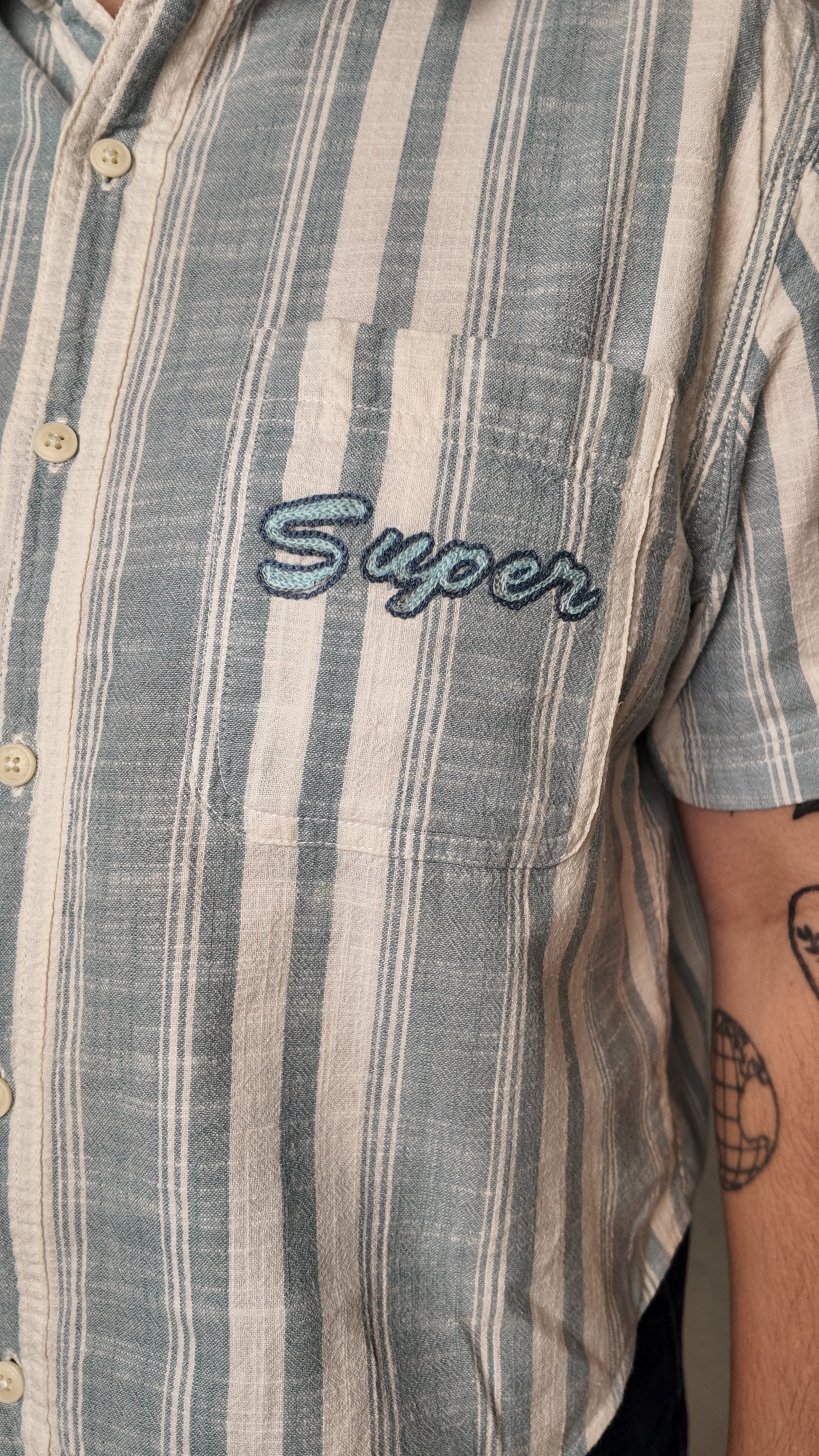 Cropped Button Down —  Blue and White Stripe with Super Elephant