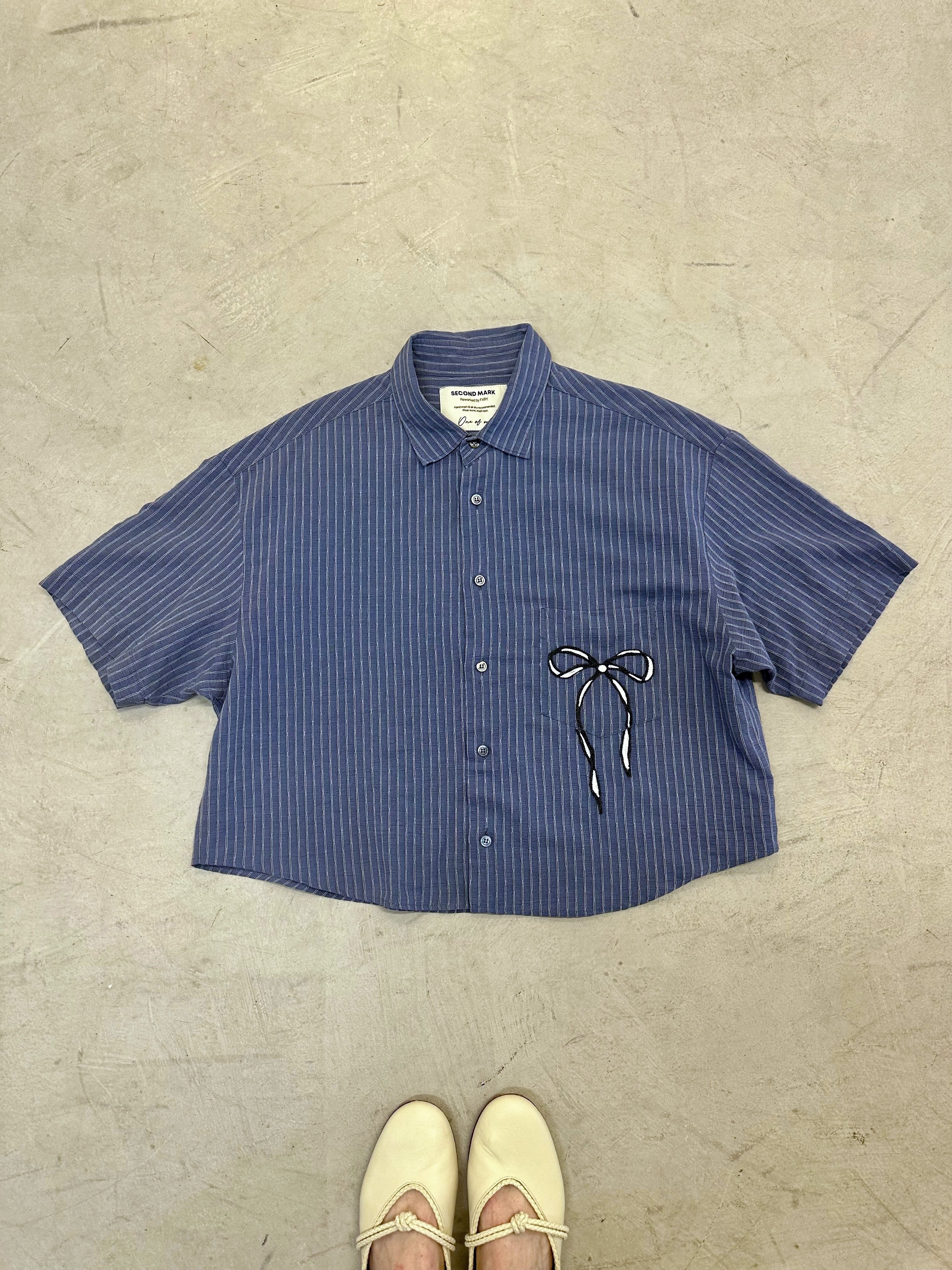 Cropped Button Down — Slate Blue Pinstripe with Bow