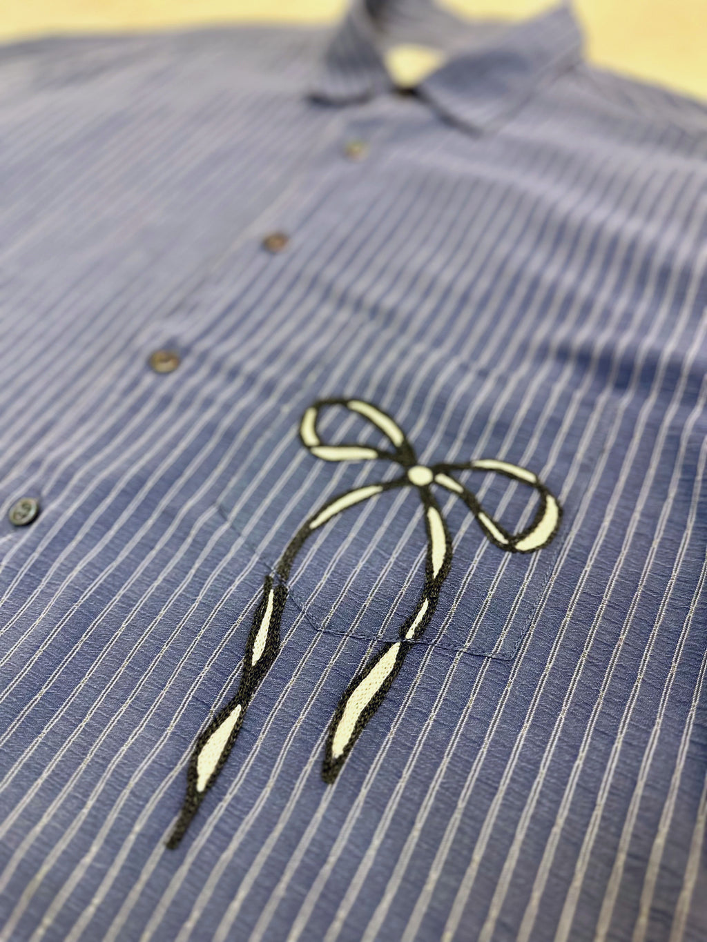 Cropped Button Down — Slate Blue Pinstripe with Bow