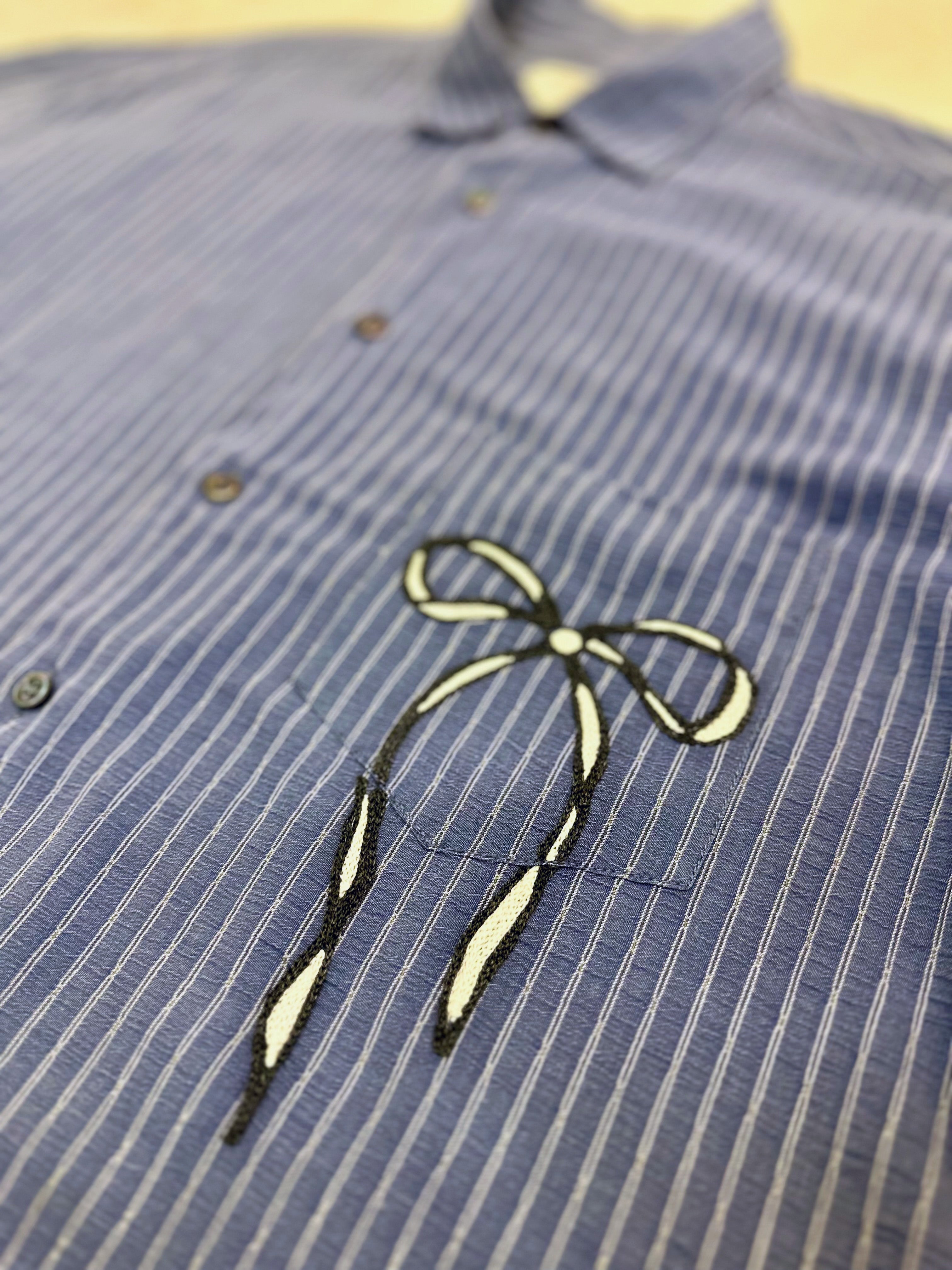 Cropped Button Down — Slate Blue Pinstripe with Bow