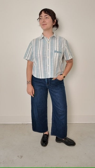Cropped Button Down —  Blue and White Stripe with Super Elephant
