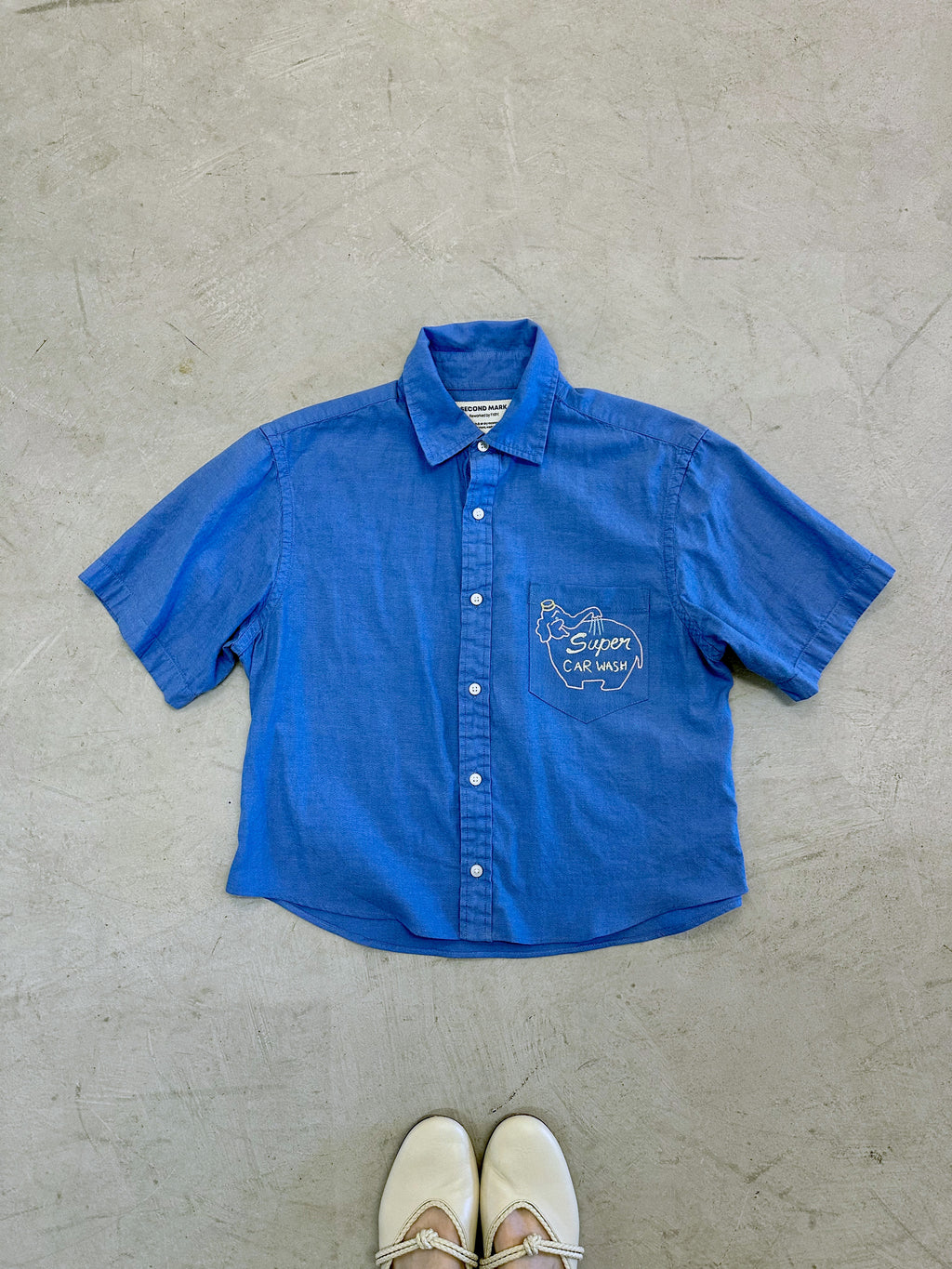 Cropped Button Down — Sky Blue with Car Wash