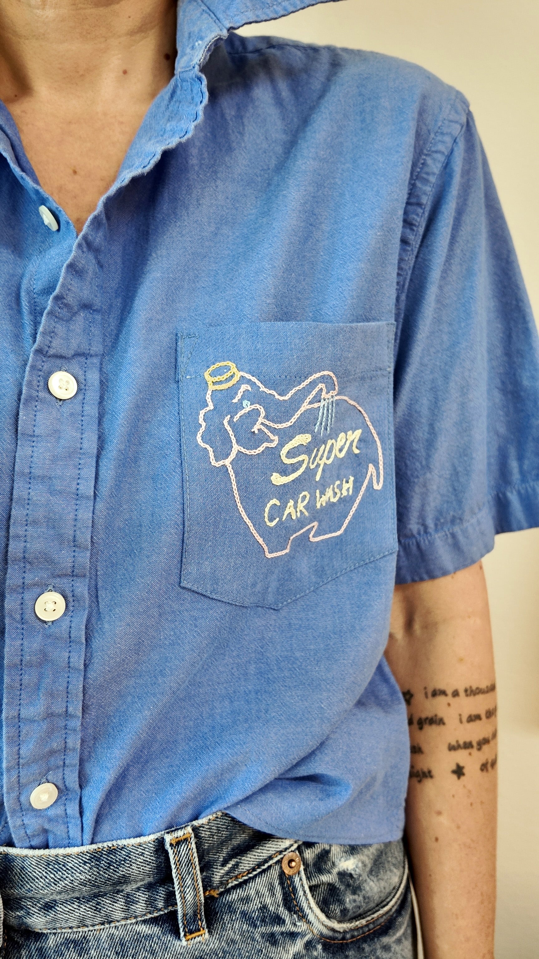 Cropped Button Down — Sky Blue with Car Wash