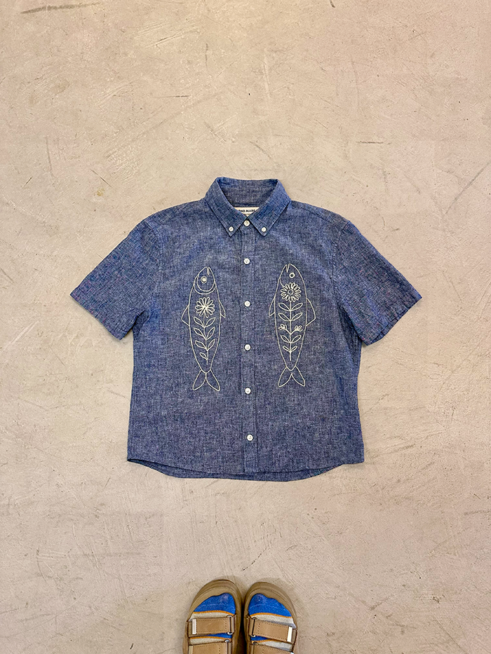 Cropped Button Down — Blue Chambray with Ivory Fish