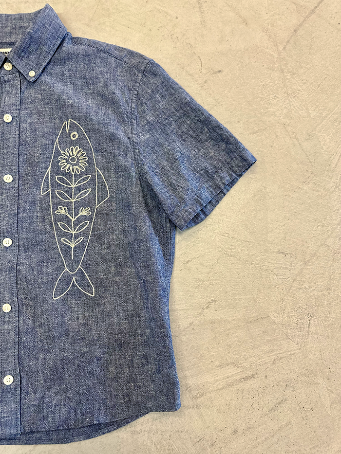 Cropped Button Down — Blue Chambray with Ivory Fish