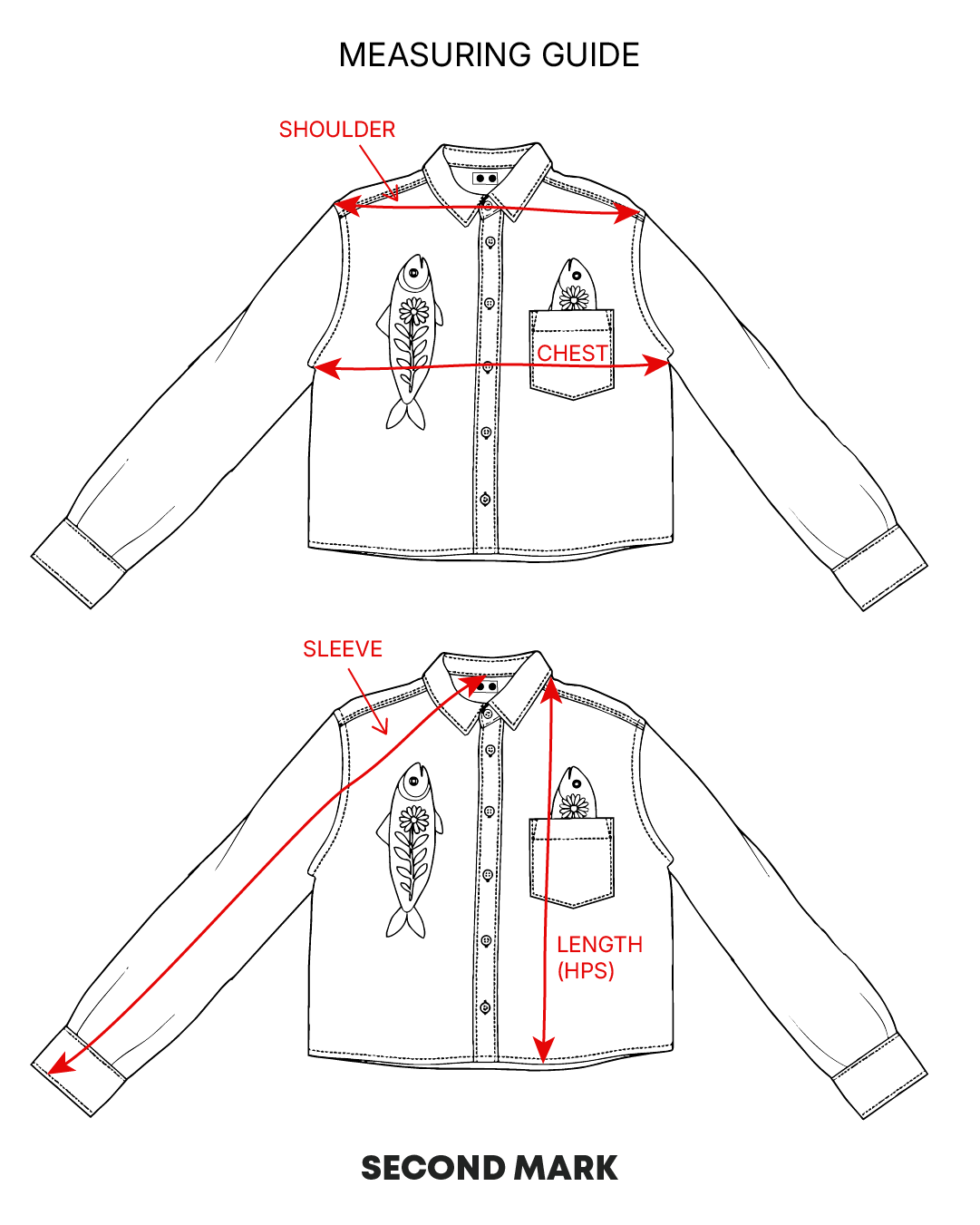 Cropped Long Sleeve Button Down — Navy with Off White Fish and Blue Bud