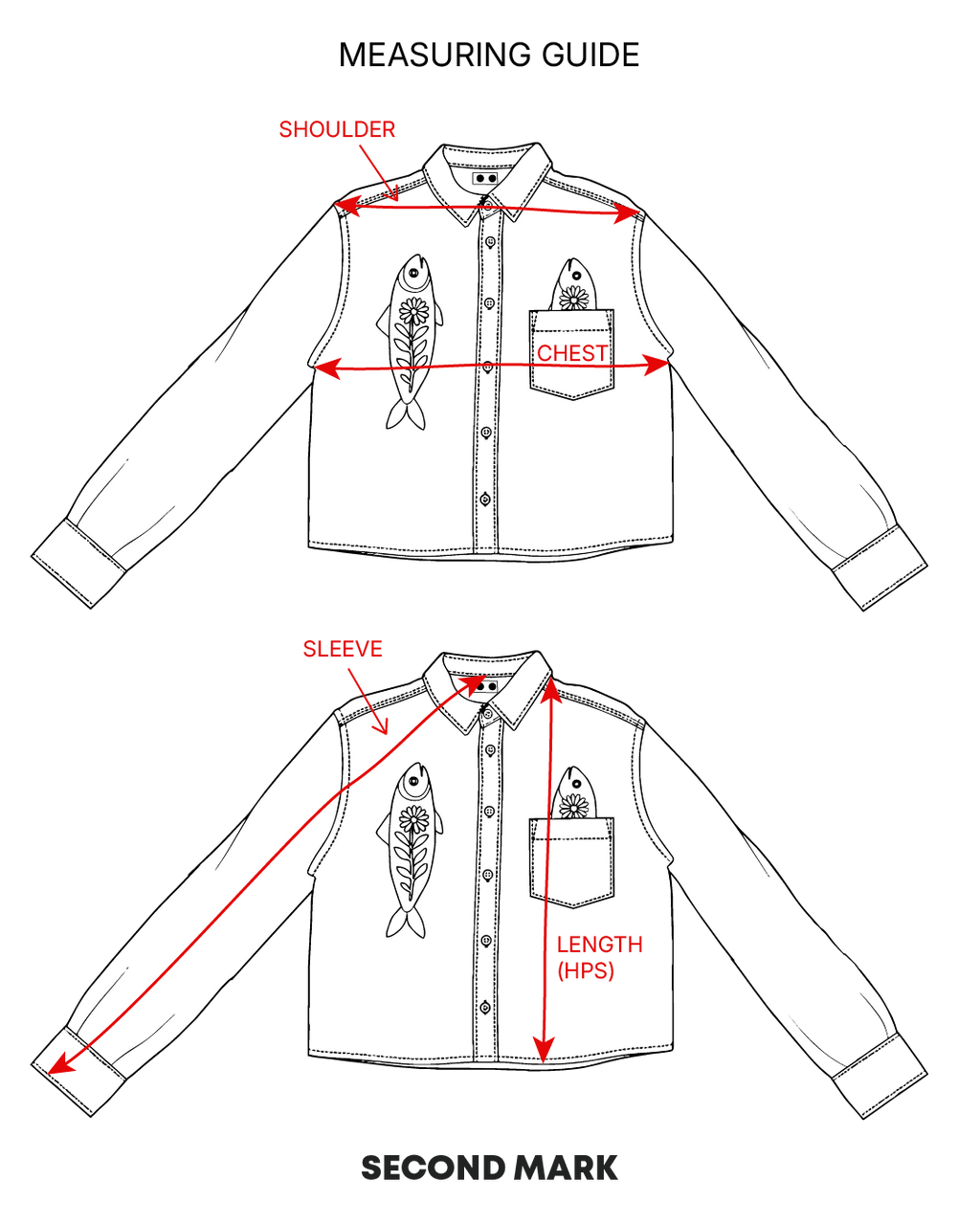 Measuring guide diagram showing where to measure length, chest, sleeve, and shoulder on the shirt