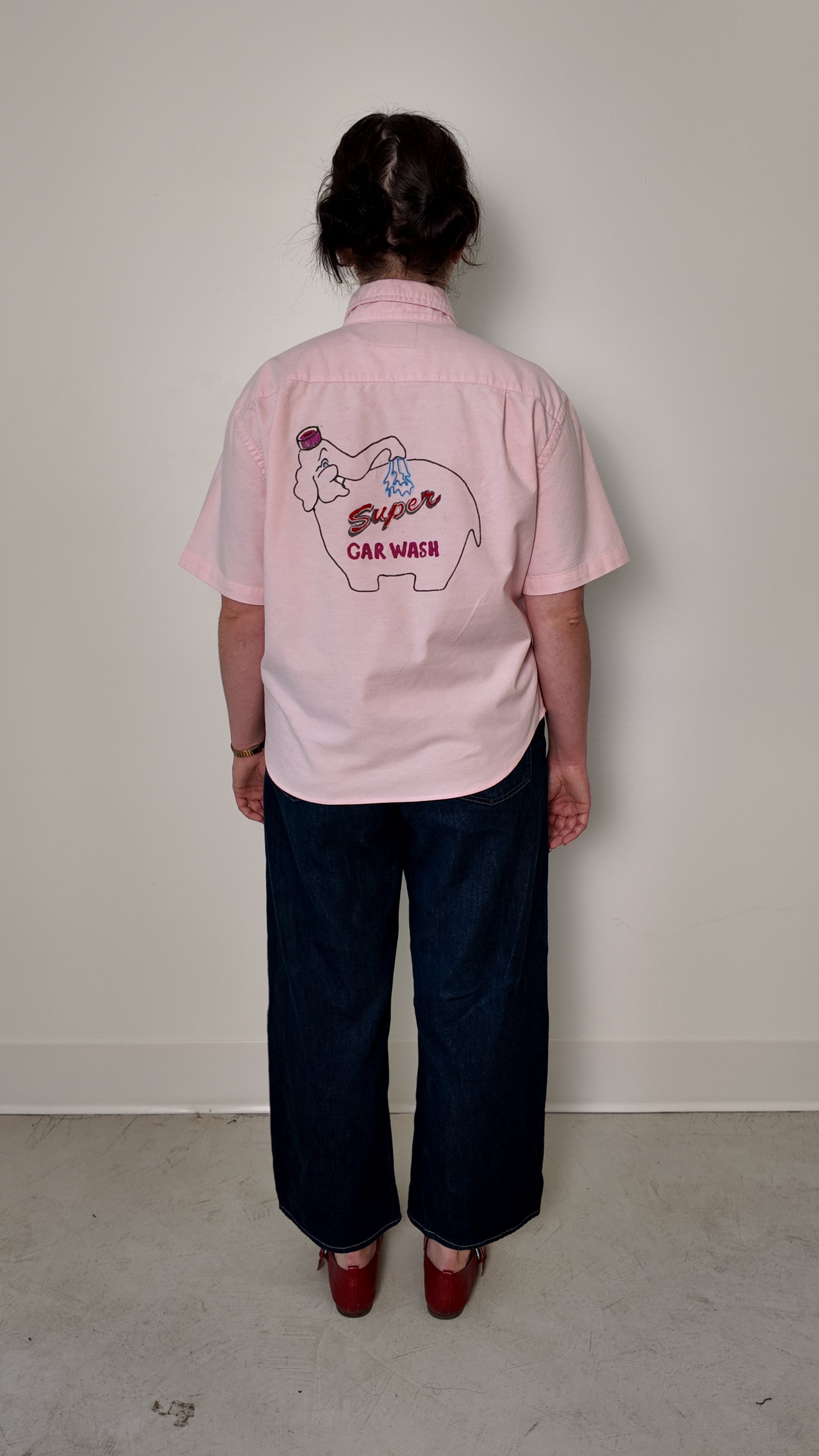 Cropped Button Down —  Pink with Super Elephant