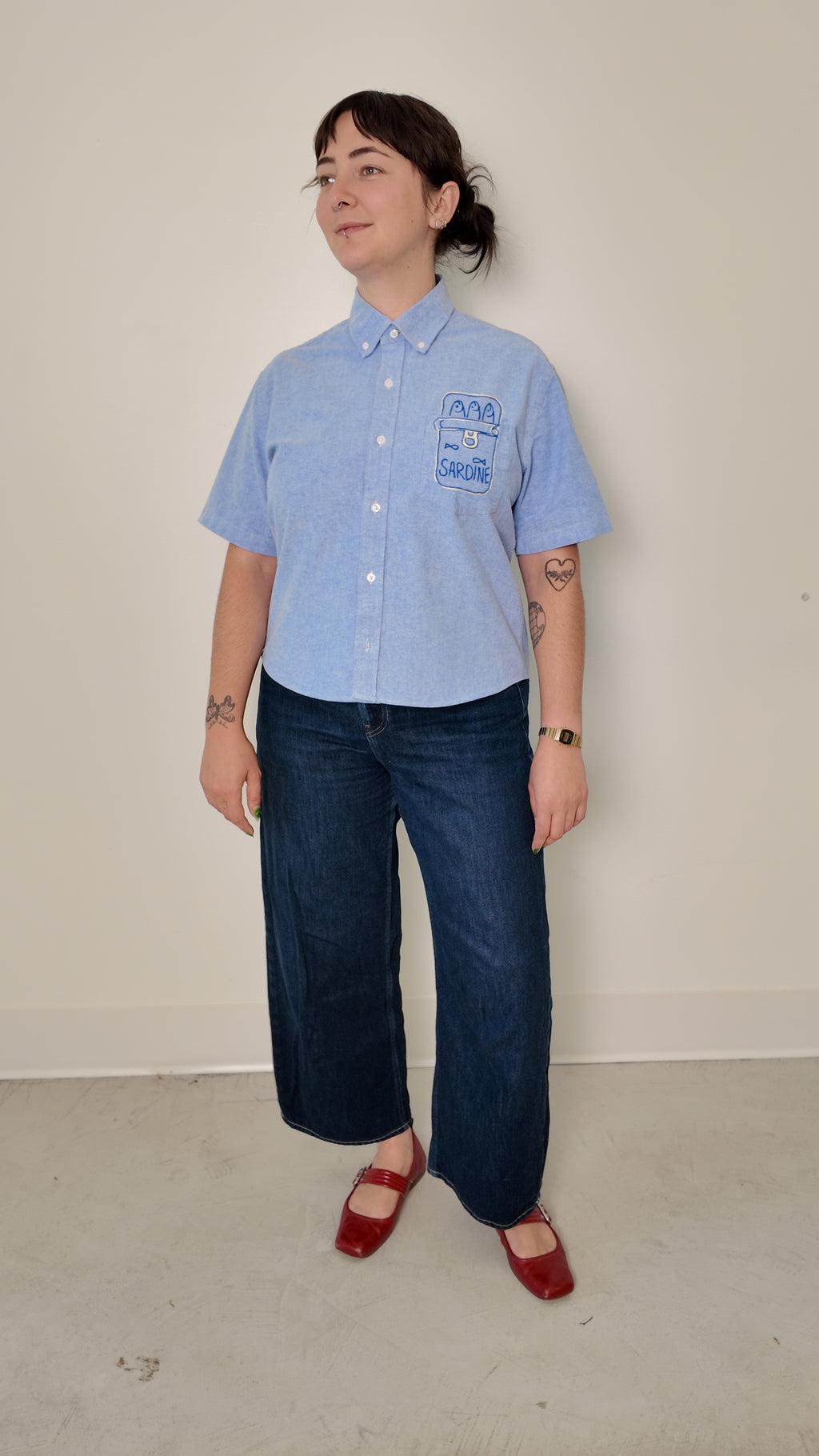Cropped Button Down — Light Blue with Sardine Tin