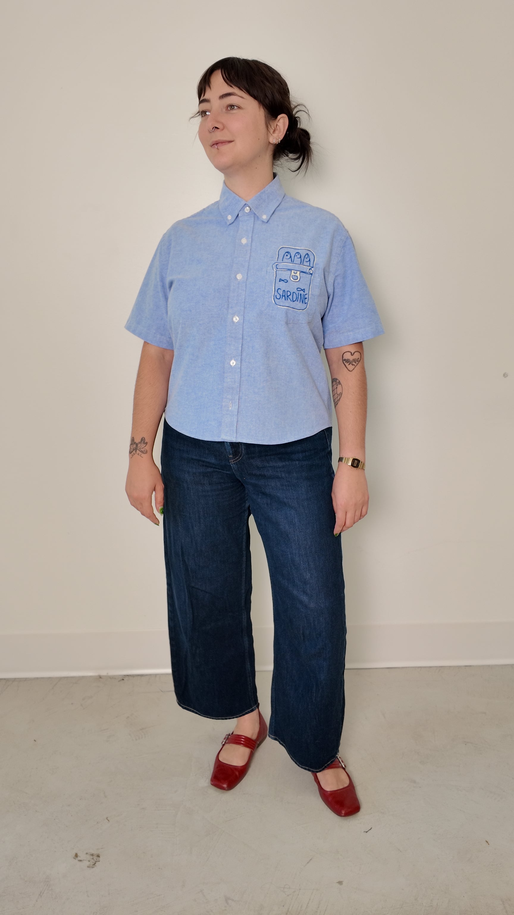 Cropped Button Down — Light Blue with Sardine Tin