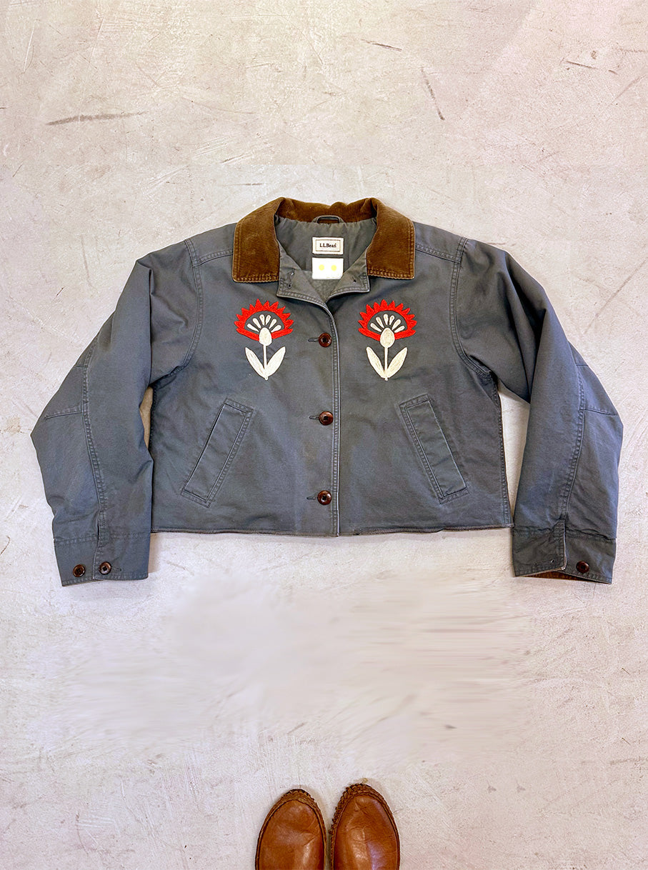 LL Bean Barn Jacket — Dark Grey with Red & Ivory Folk Flower
