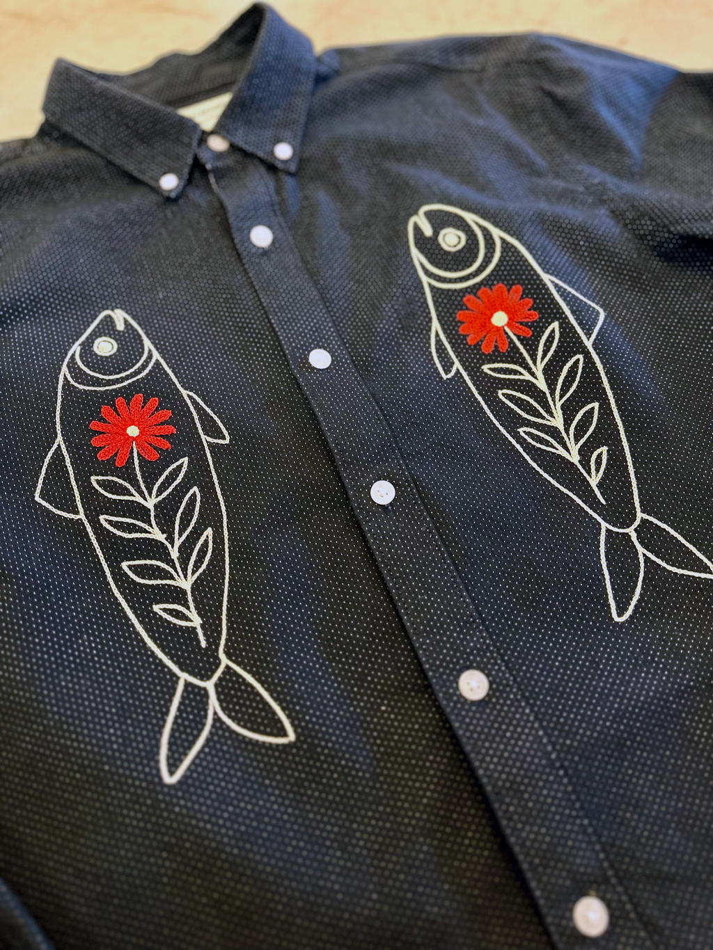 Cropped Button Down — Navy with White Polka Dot with Ivory and Red Fish