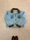 LL Bean Barn Jacket in sky blue with chainstitched Nordic flowers