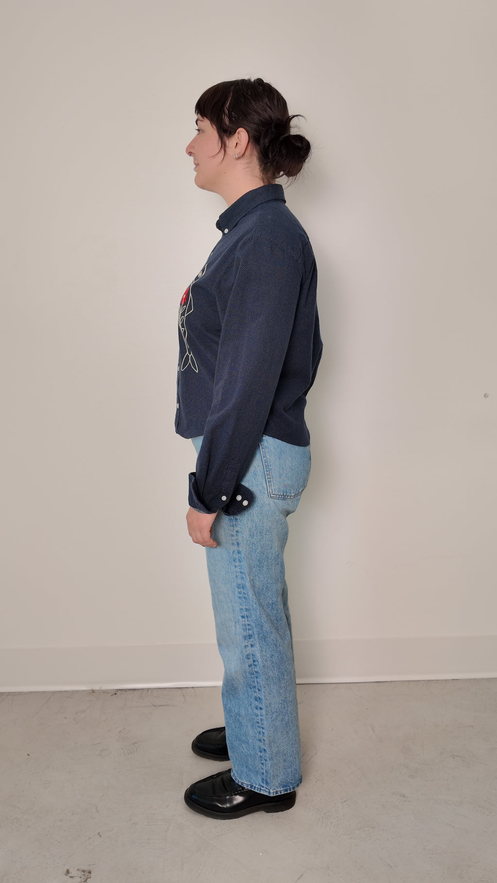 Cropped Button Down — Navy with White Polka Dot with Ivory and Red Fish