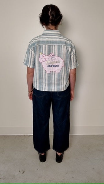 Cropped Button Down —  Blue and White Stripe with Super Elephant
