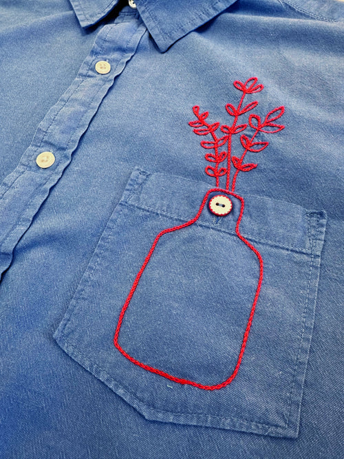 Cropped Button Down —  Blue with Red Floral Buds in a Vase