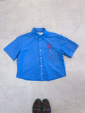 Cropped Button Down —  Blue with Red Floral Buds in a Vase