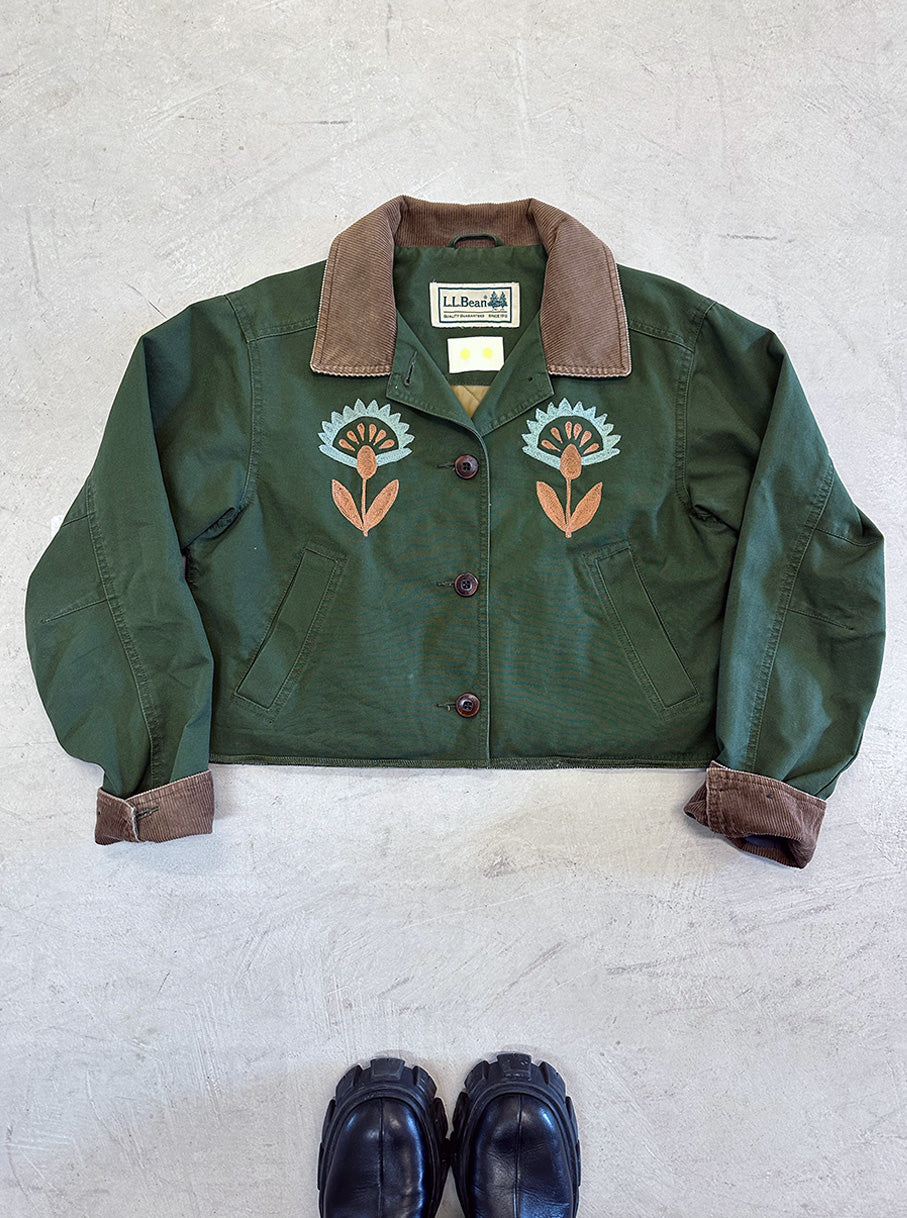 LL Bean Barn Jacket — Forest Green with Blue & Tan Folk Flower