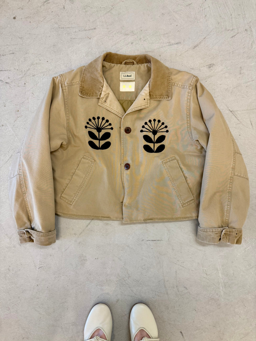LL Bean Barn Jacket — Khaki with Black Nordic Flower