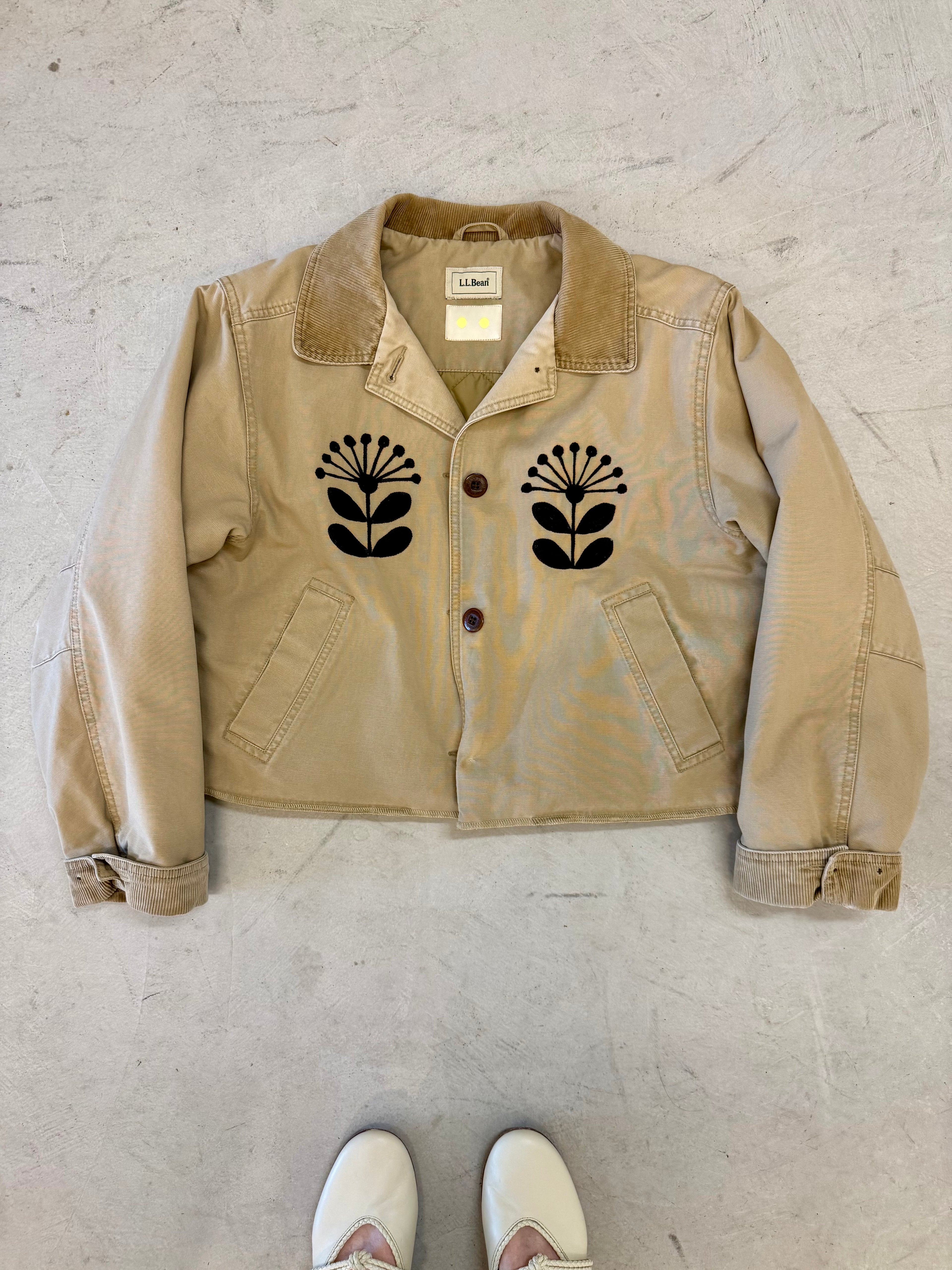 LL Bean Barn Jacket — Khaki with Black Nordic Flower