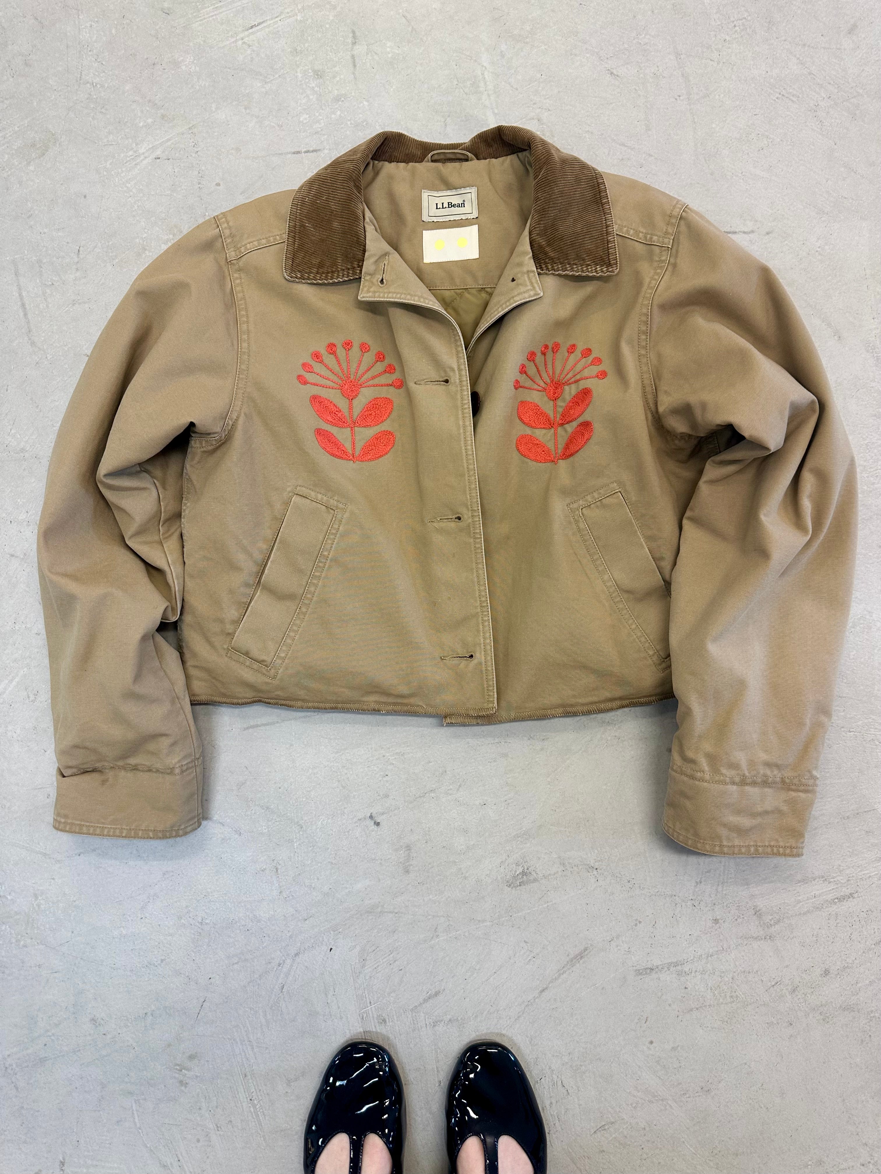 LL Bean Barn Jacket — Dark Khaki with Peach Nordic Flower