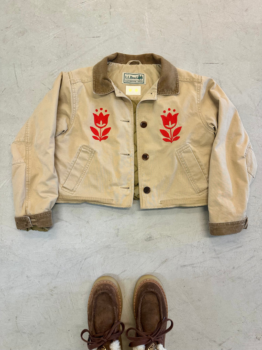 LL Bean Barn Jacket — Khaki with Red Tulip