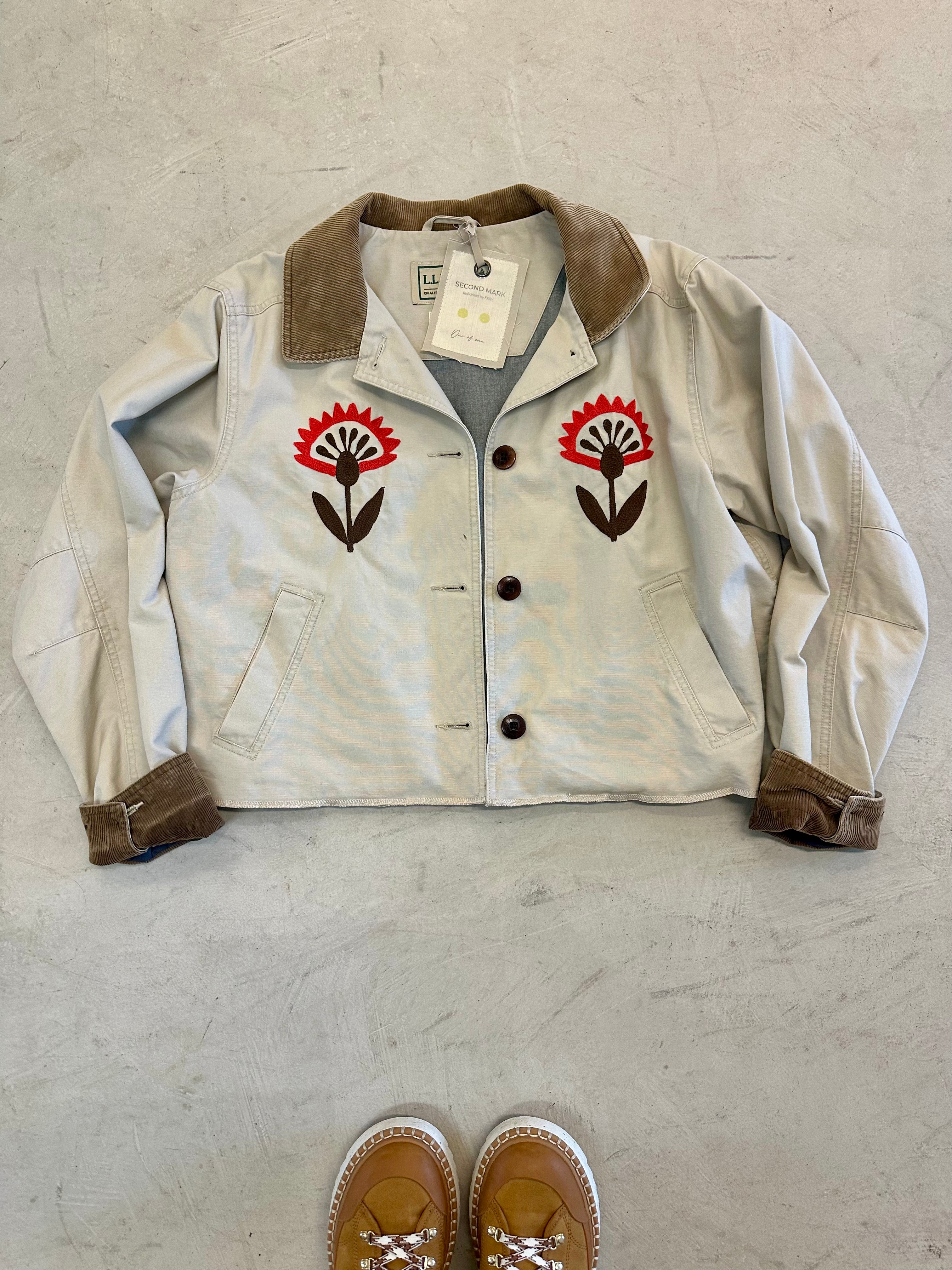 LL Bean Barn Jacket — Beige with Red Folk Flower