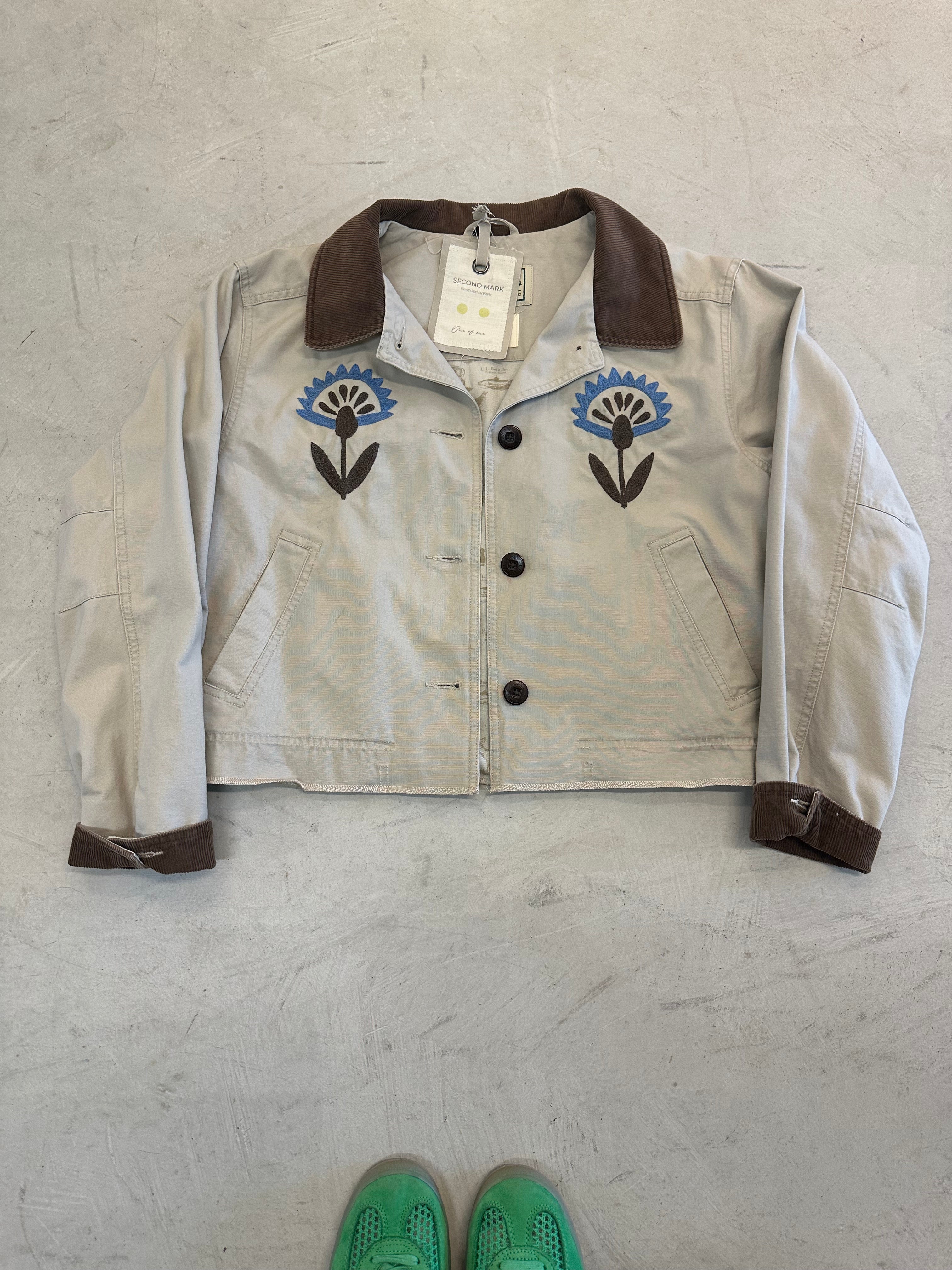 LL Bean Barn Jacket — Beige with Blue Folk Flower