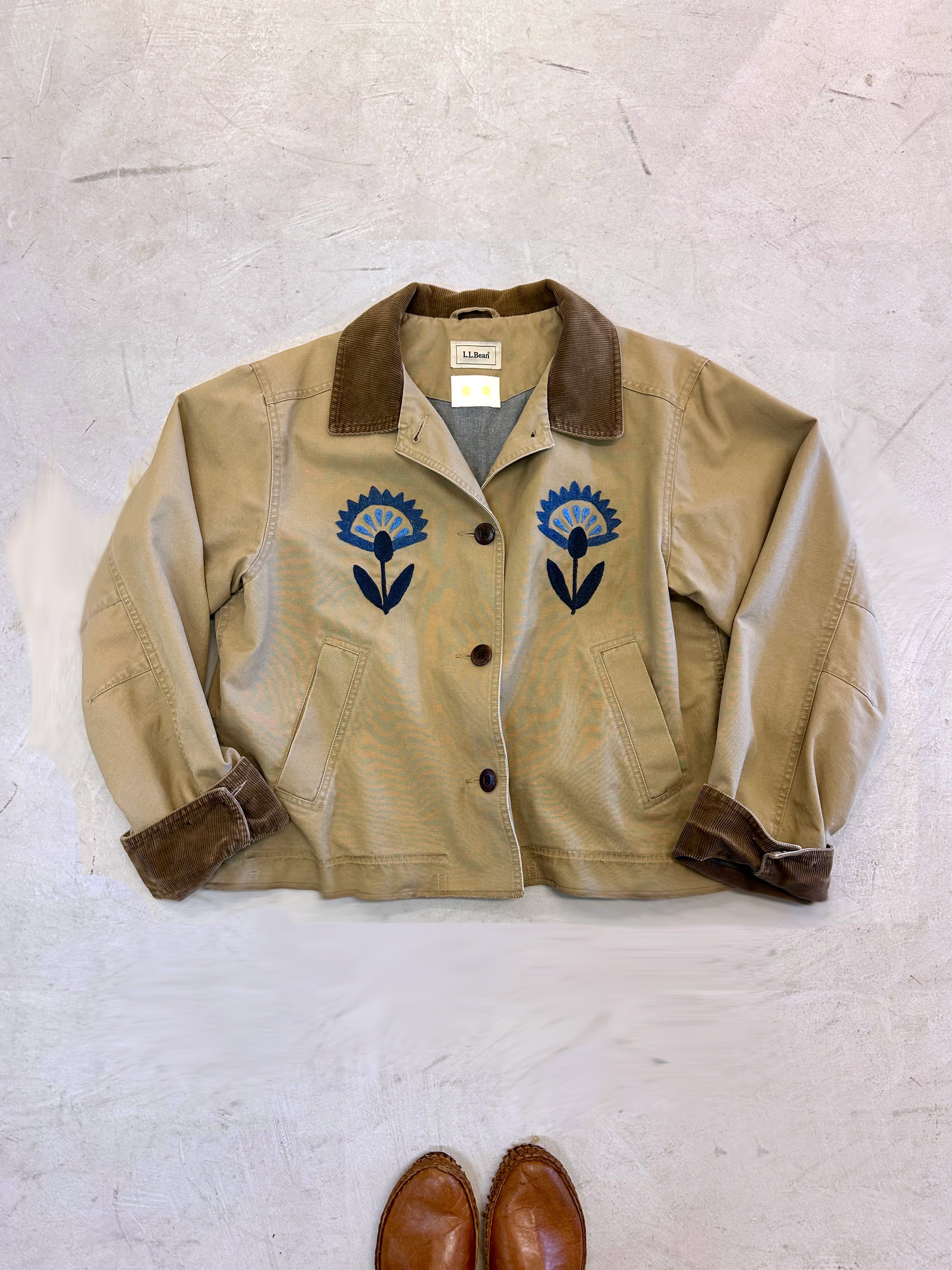 LL Bean Barn Jacket — Dark Tan with Light & Dark Blue Folk Flower