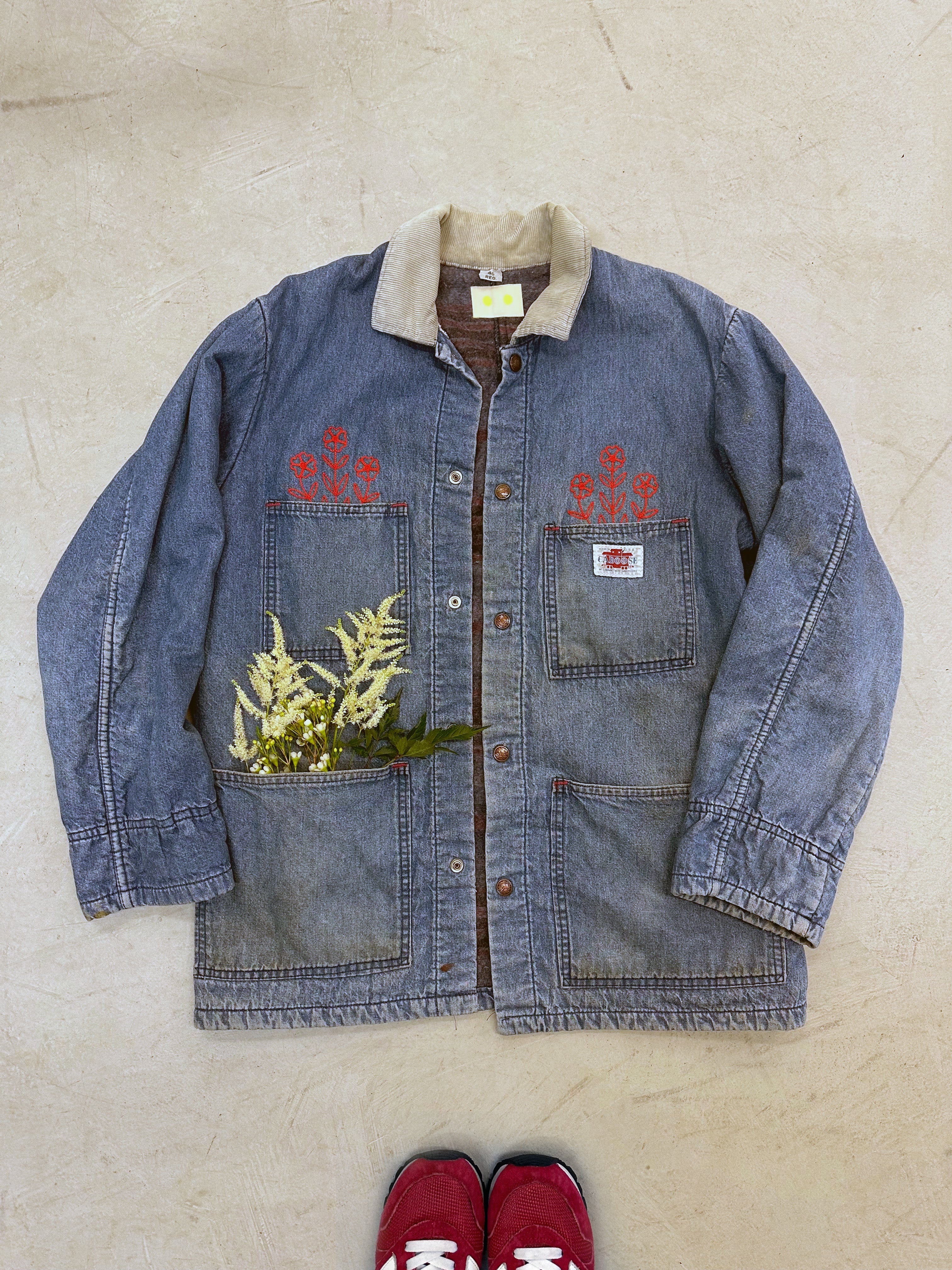 Caboose Denim Chore Coat — Vintage Mid-Wash with Red Florals