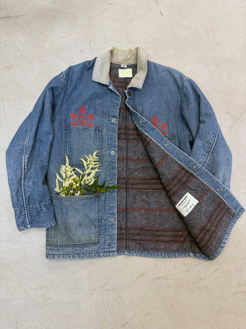 Caboose Denim Chore Coat — Vintage Mid-Wash with Red Florals