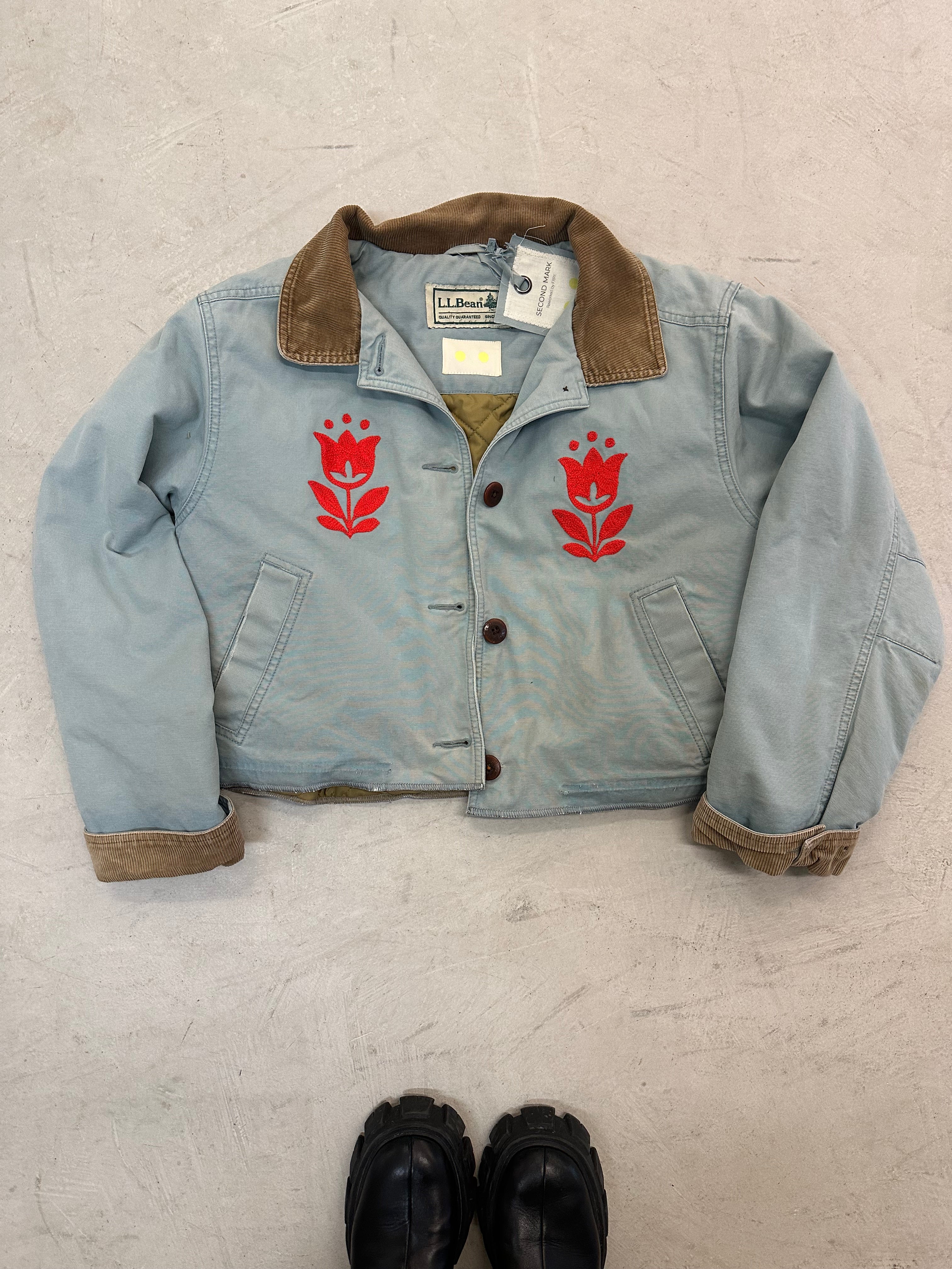LL Bean Barn Jacket — Dusty Blue with Red Tulip