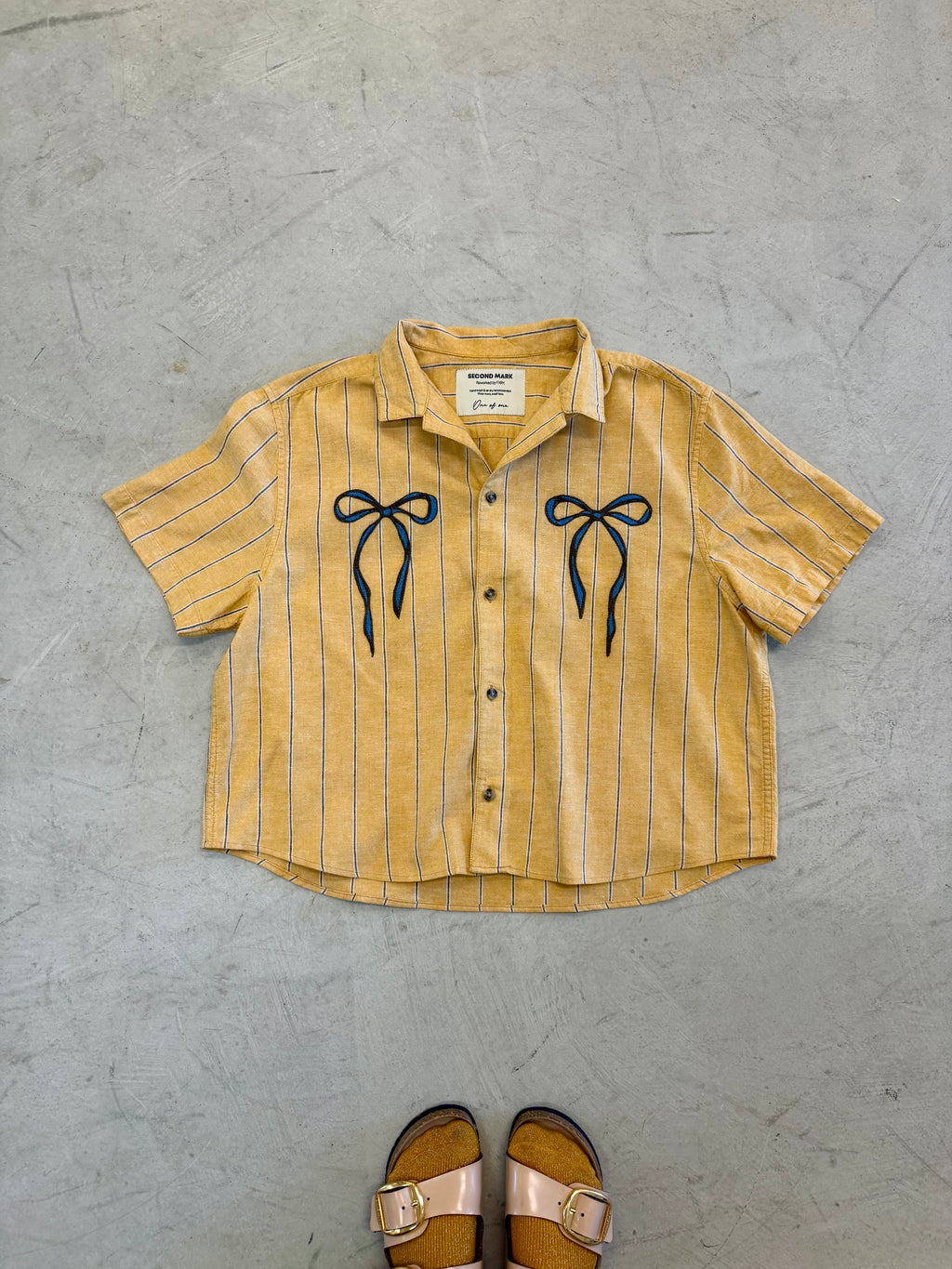 Cropped Button Down — Yellow Striped with Blue and Brown Bows