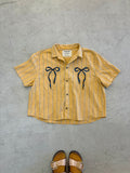 Cropped Button Down — Yellow Striped with Blue and Brown Bows