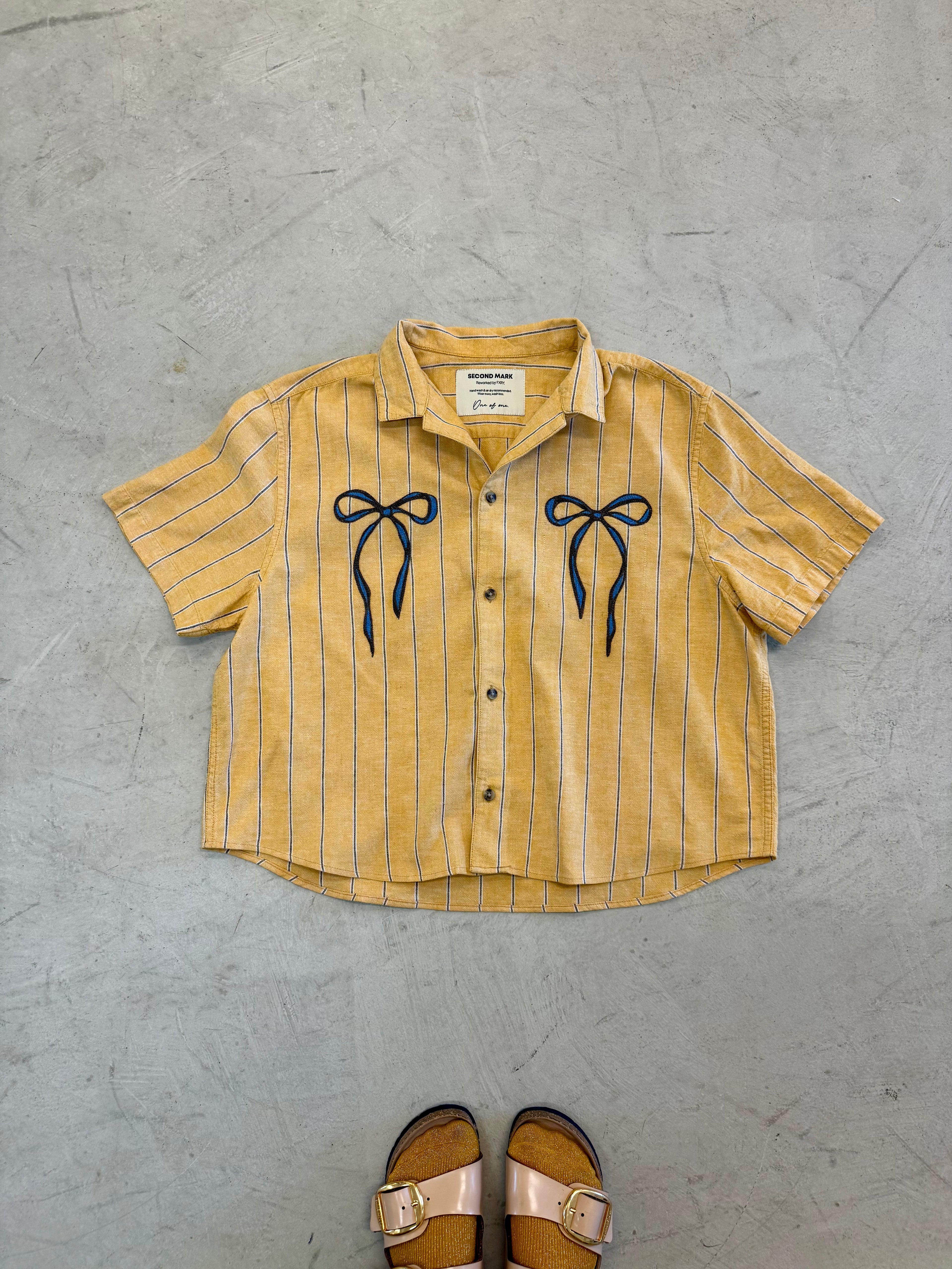 Cropped Button Down — Yellow Striped with Blue and Brown Bows