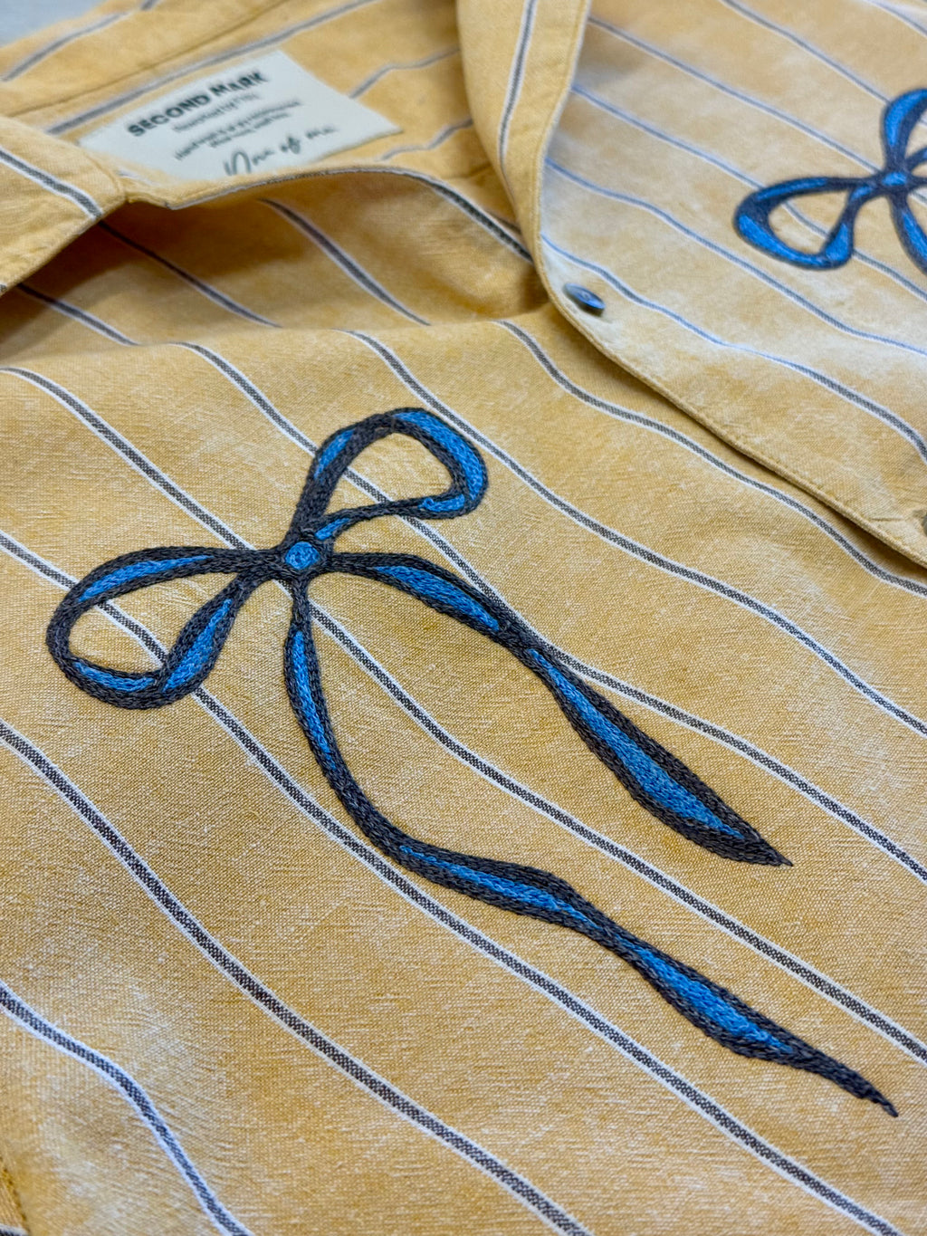 Cropped Button Down — Yellow Striped with Blue and Brown Bows