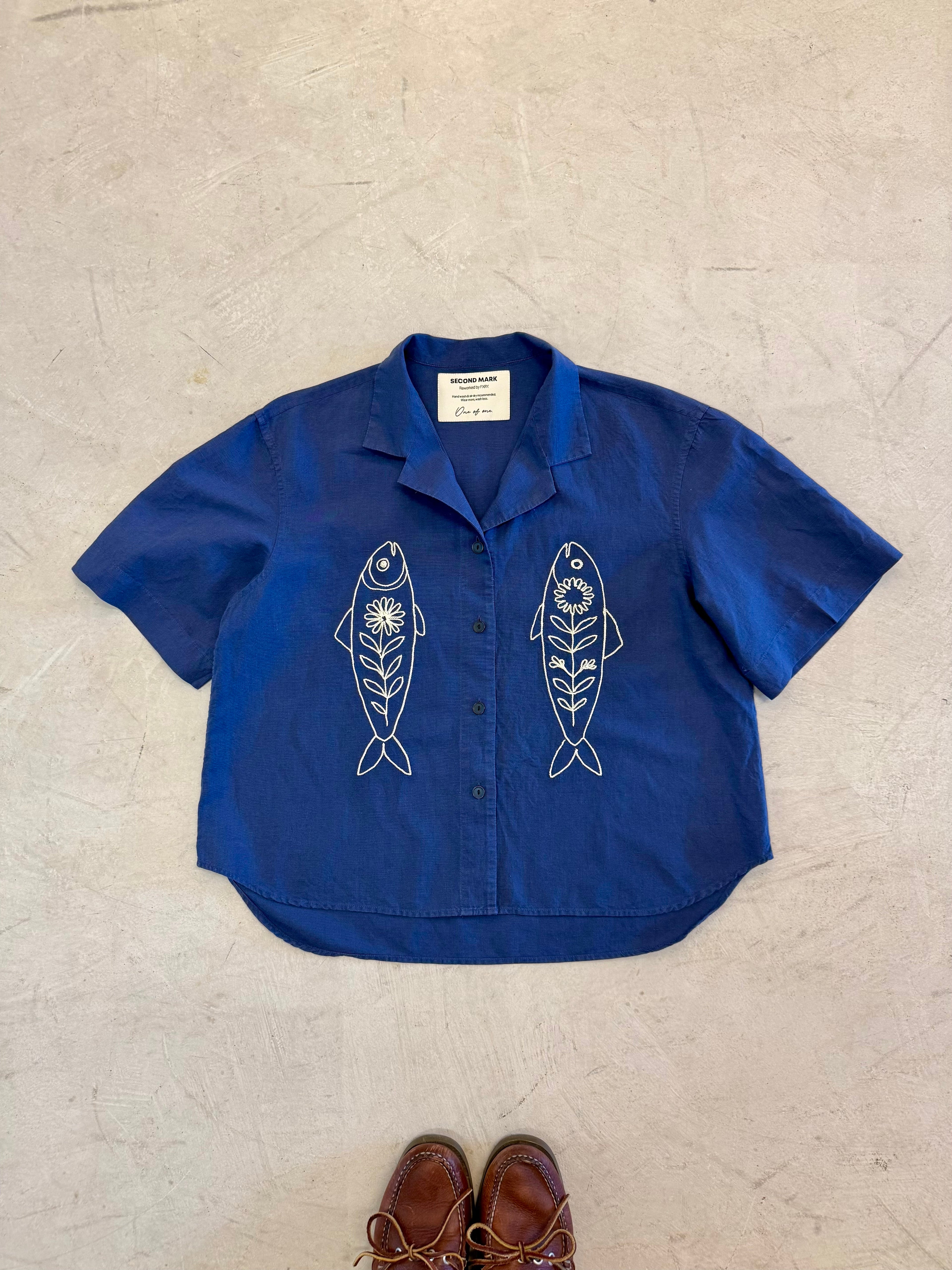 Cropped Button Down — Blue with Cream Fish
