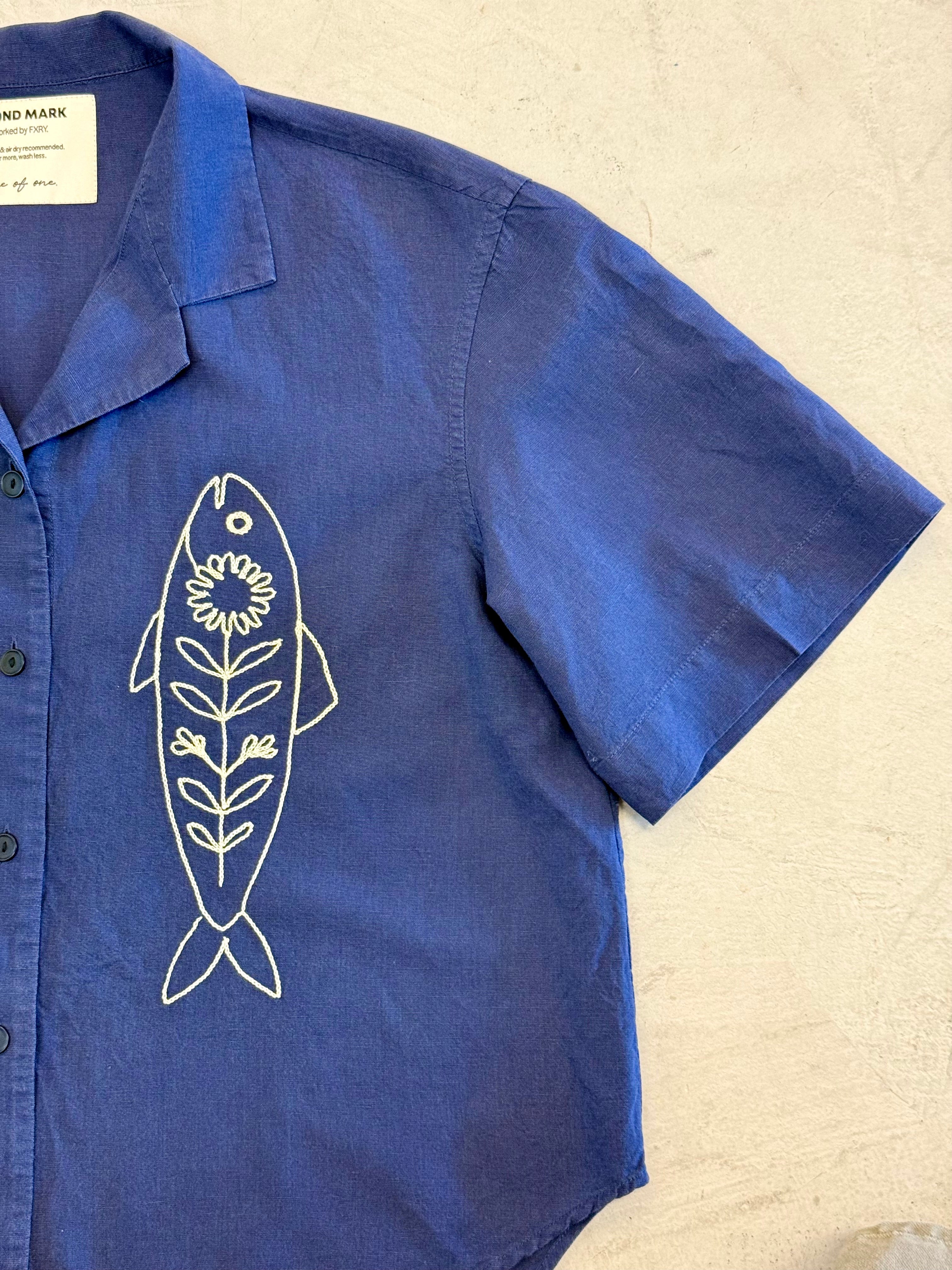 Cropped Button Down — Blue with Cream Fish
