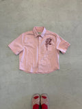 Cropped Button Down — Soft Pink with Crimson Floral Eyes