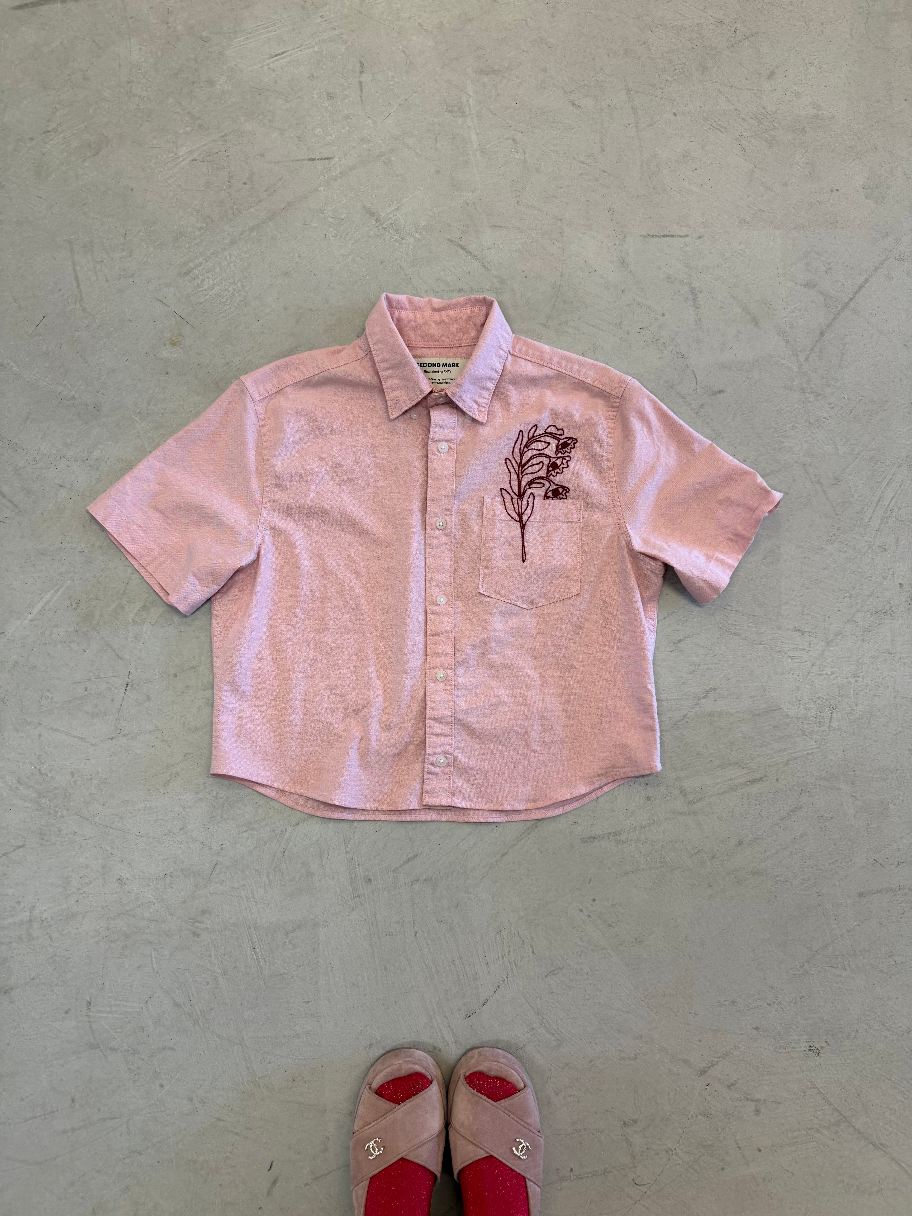 Cropped Button Down — Soft Pink with Crimson Floral Eyes
