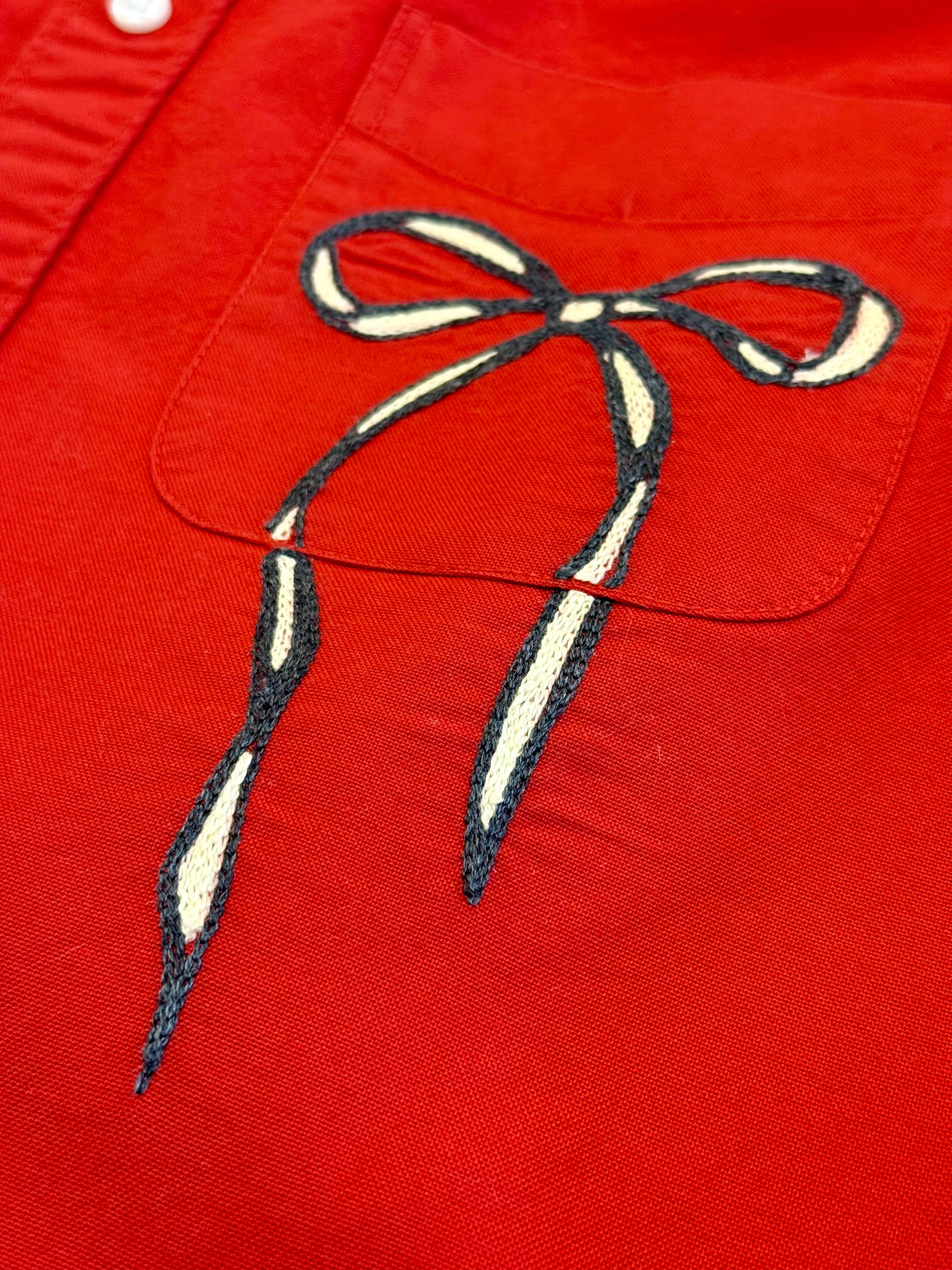 Cropped Button Down — Red with Charcoal and Ivory Bow