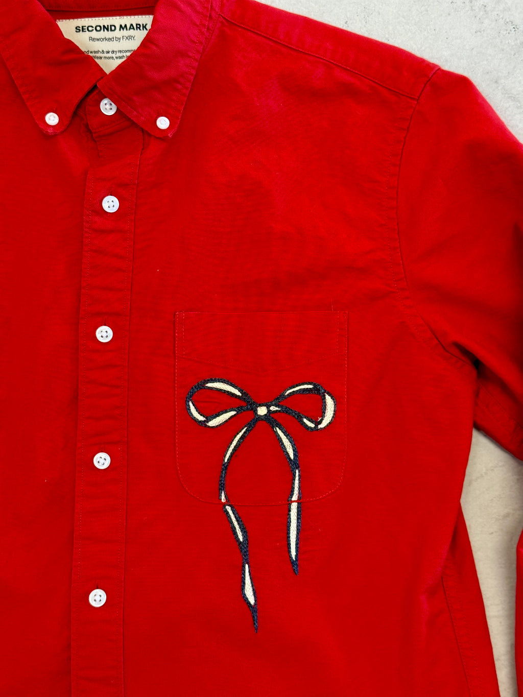 Cropped Button Down — Red with Charcoal and Ivory Bow