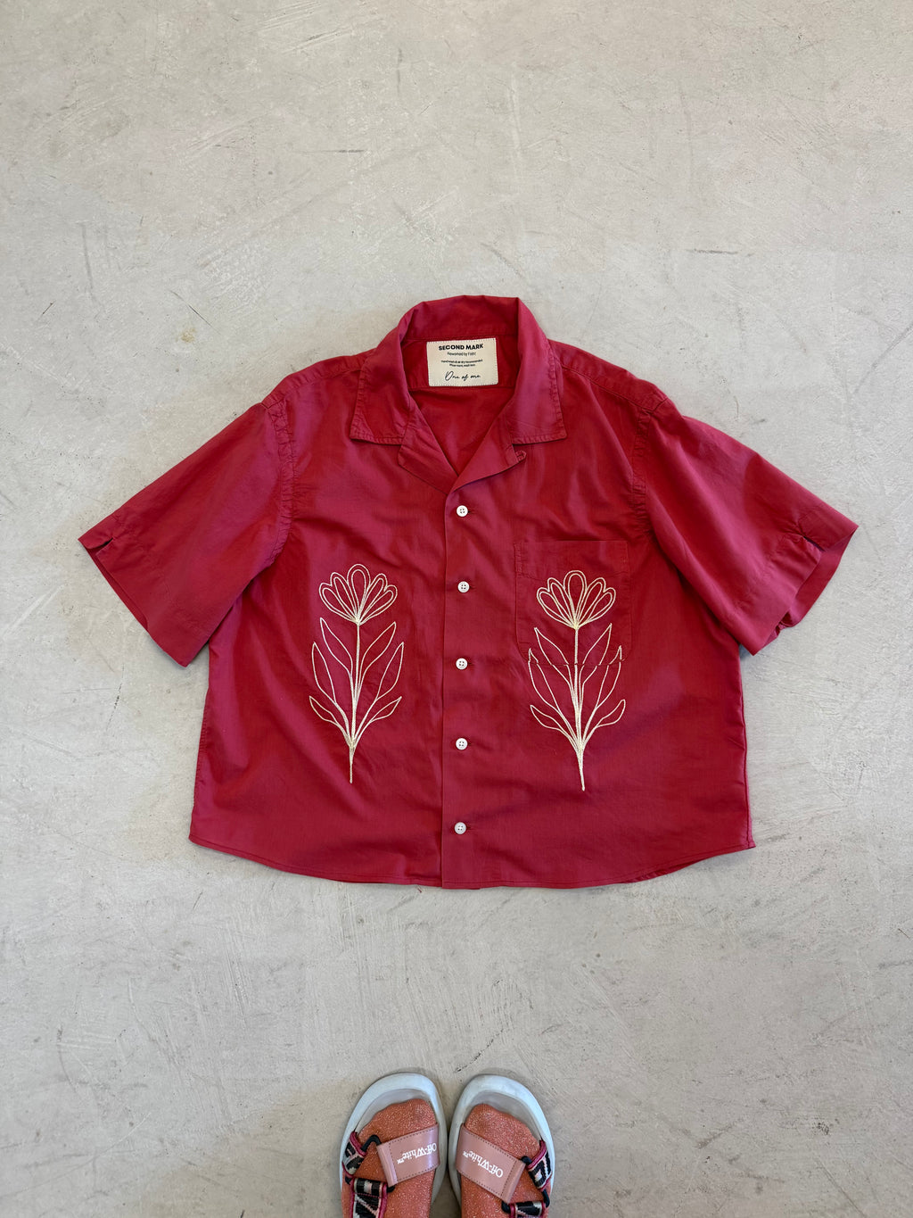 Cropped Button Down — Washed Red with Ivory Floral