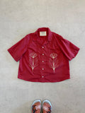 Cropped Button Down — Washed Red with Ivory Floral