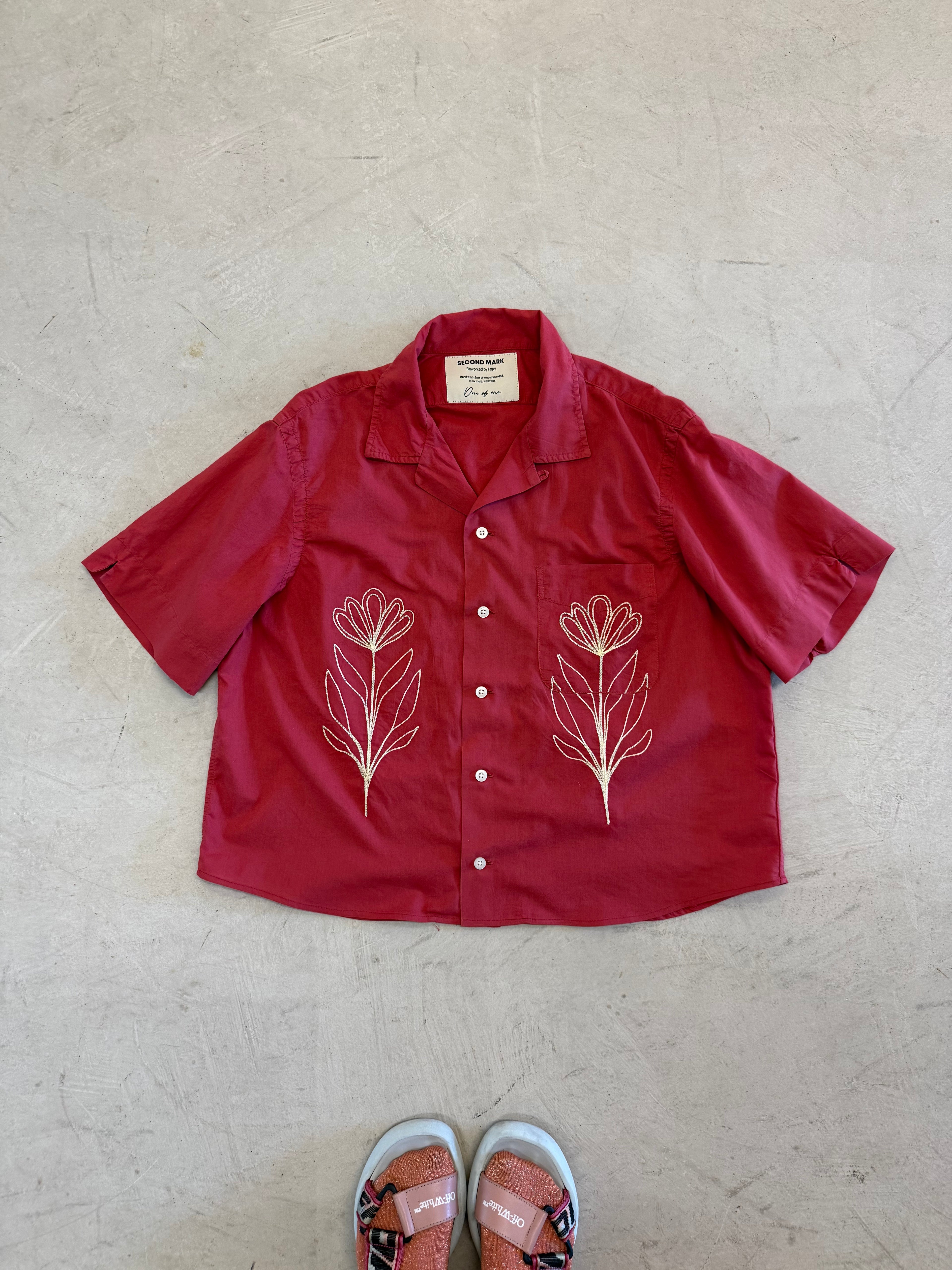 Cropped Button Down — Washed Red with Ivory Floral